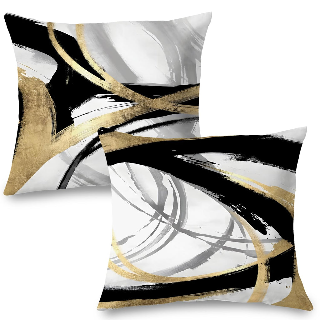 Supwhd Black White And Gold Pillow Covers, Abstract Black And Gold Pillow Covers 16X16 Set Of 2, Modern Boho Home Decor, Black A