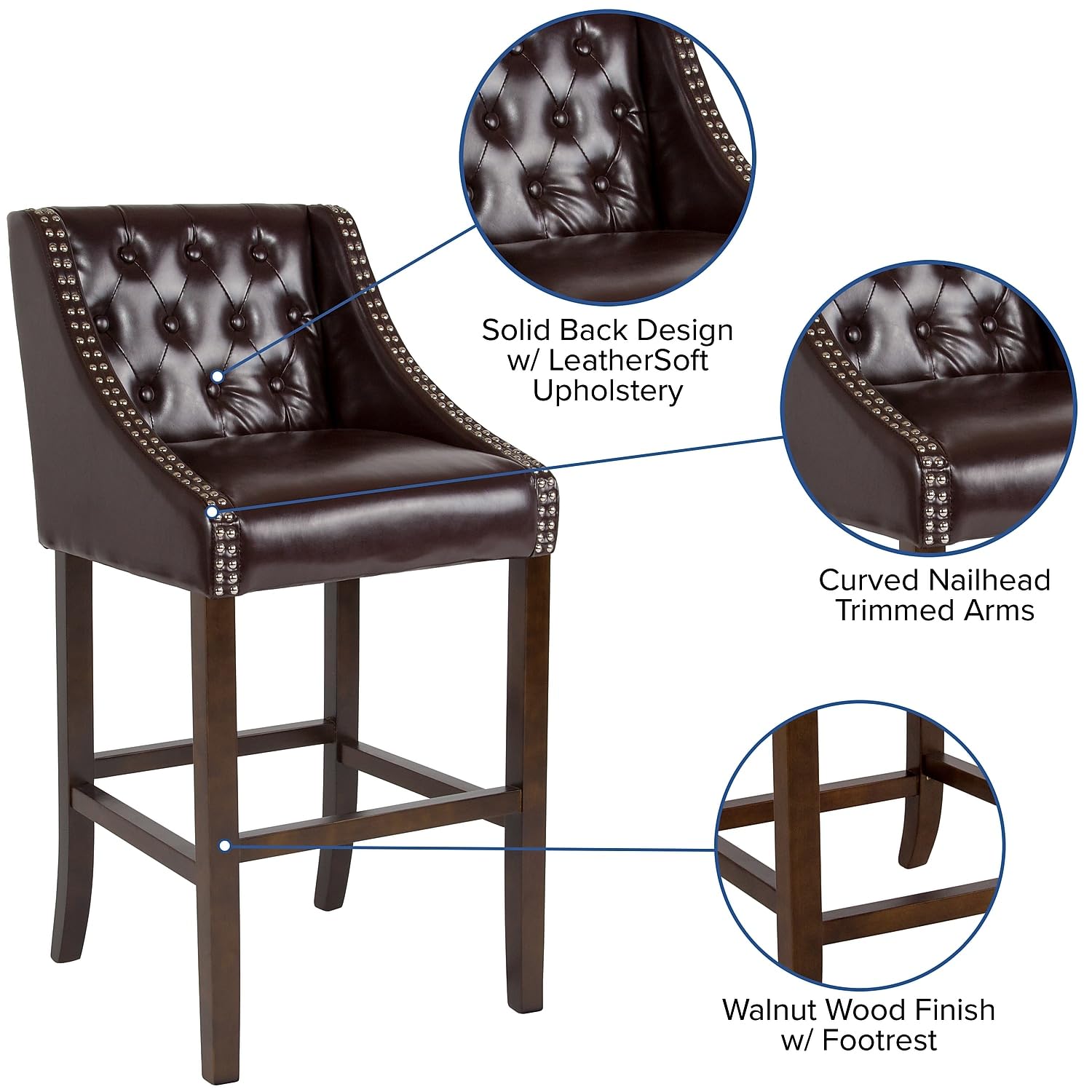 Flash Furniture Carmel Series 30&quot; High Transitional Tufted Walnut Barstool With Accent Nail Trim In Brown Leathersoft