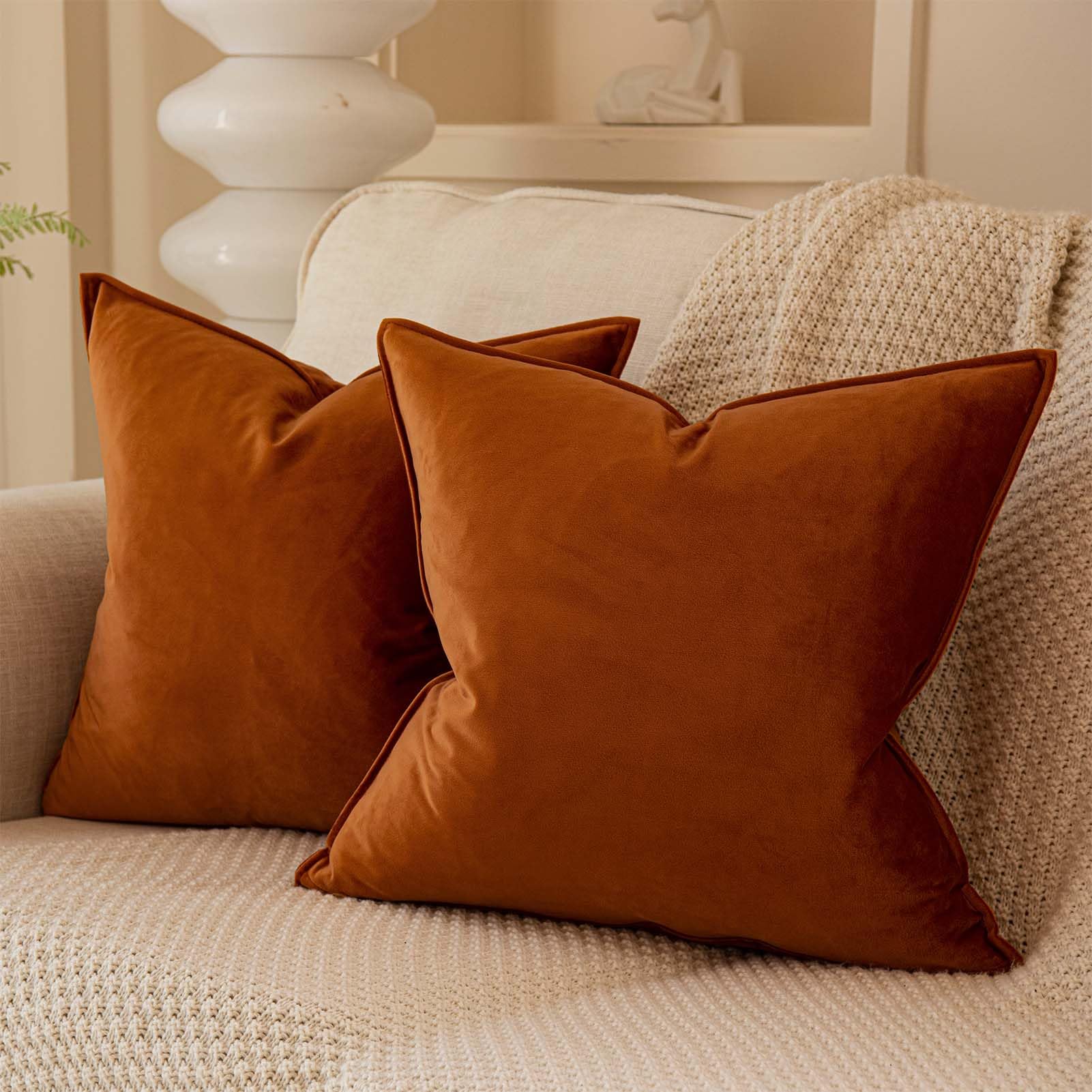 Juspurbet Burnt Orange Decorative Velvet Throw Pillow Covers 24X24 Inch Set Of 2,Broadside Soft Cushion Case With Invisible Zipp