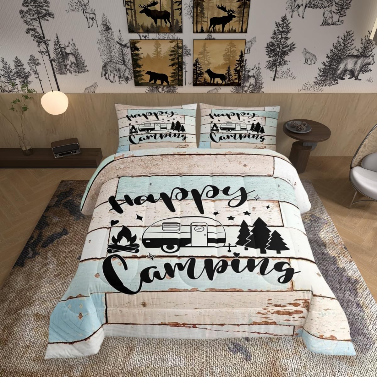 Camper Rv Comforter Set Queen Size,Camping Travel Trailer Decor Bedding Set 3Pcs For Kids Boys Girls Adults,Vintage Wooden Plank
