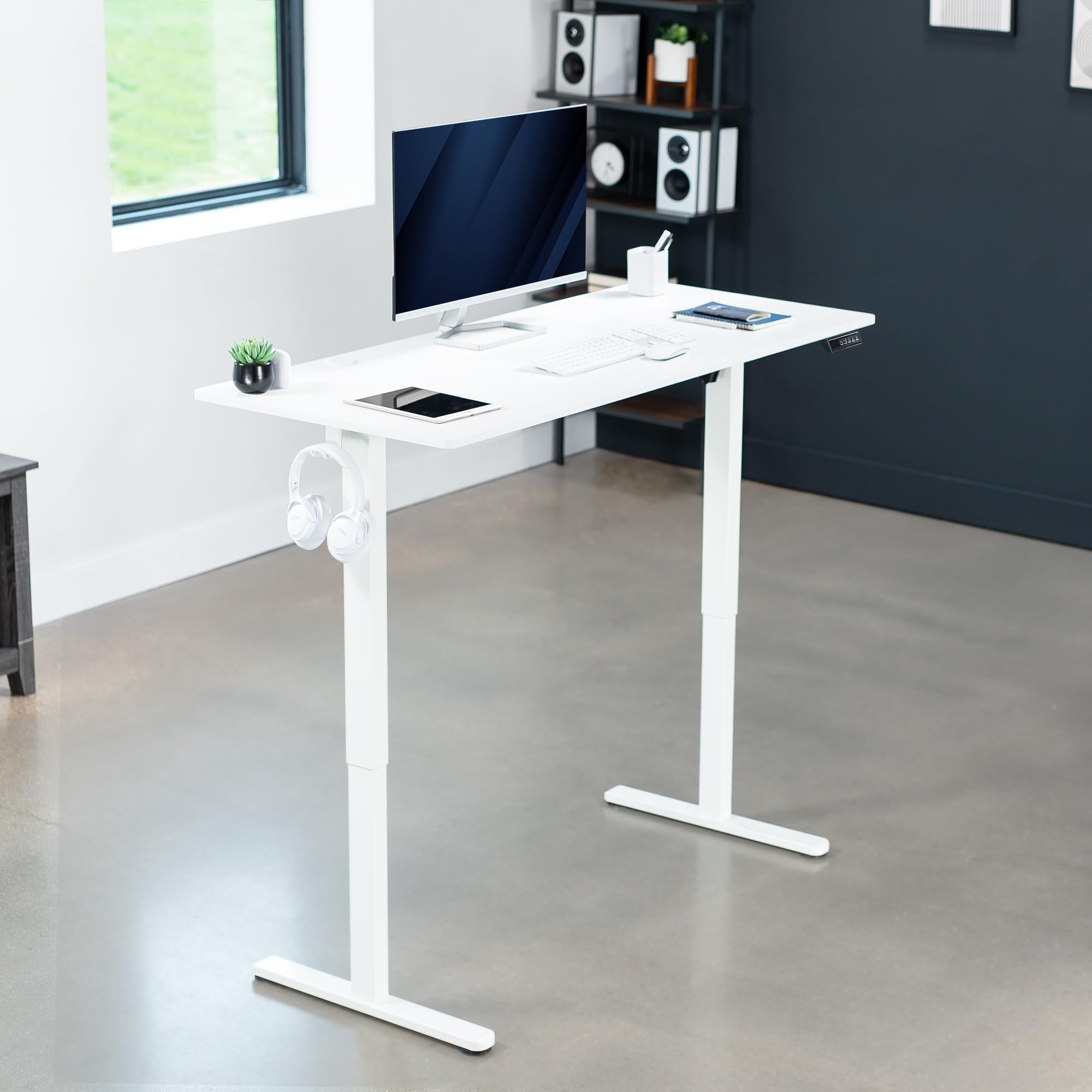 Vivo Electric 55 X 24 Inch Stand Up Desk, Complete Height Adjustable Standing Home & Office Workstation With Memory Controller, White Top, White Frame, Desk-E155Tw