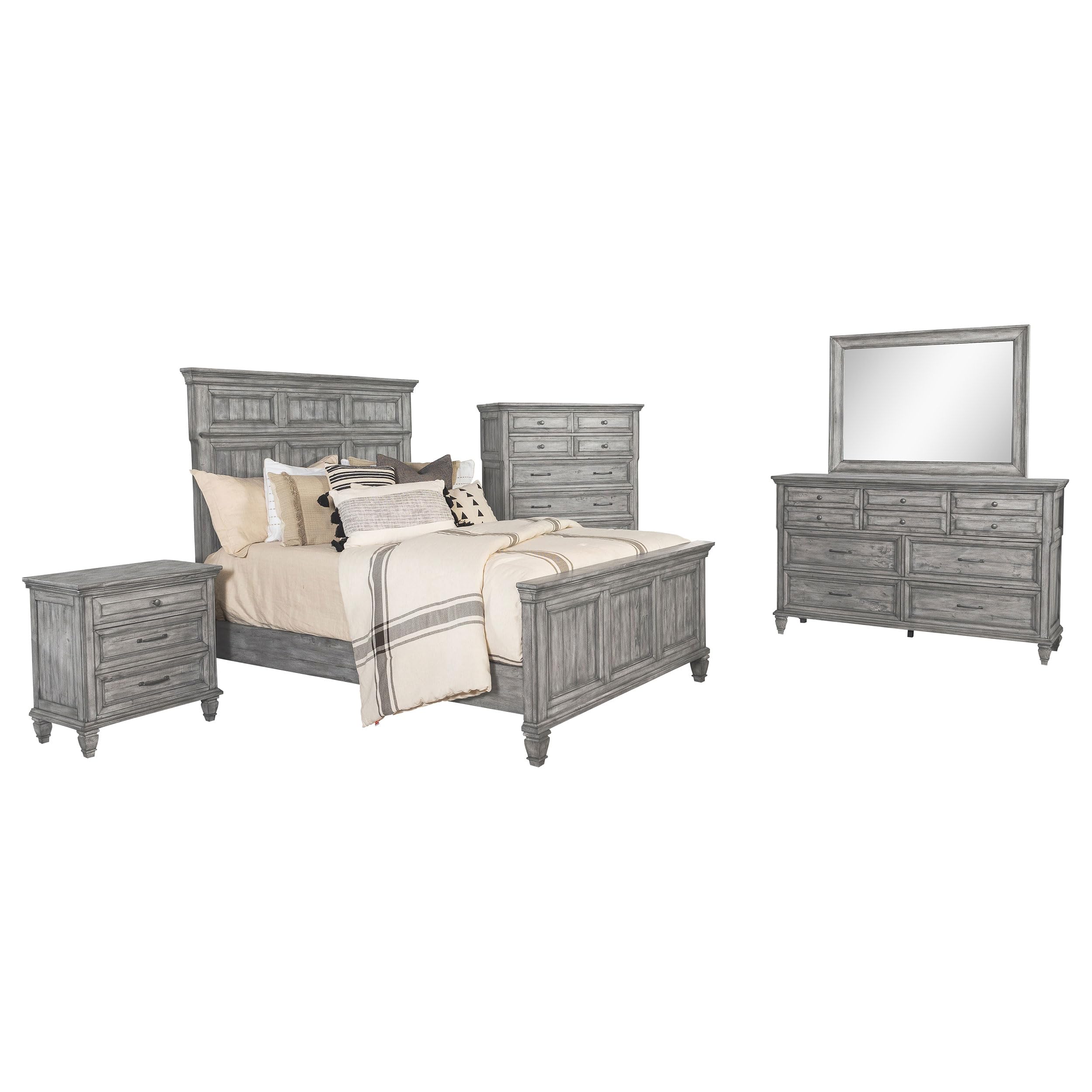 Coaster Home Furnishings Avenue Farmhouse 5-Piece Bedroom Set Eastern King Size Panel Bed Frame 68-Inch Headboard Weathered Grey 224031Ke-S5