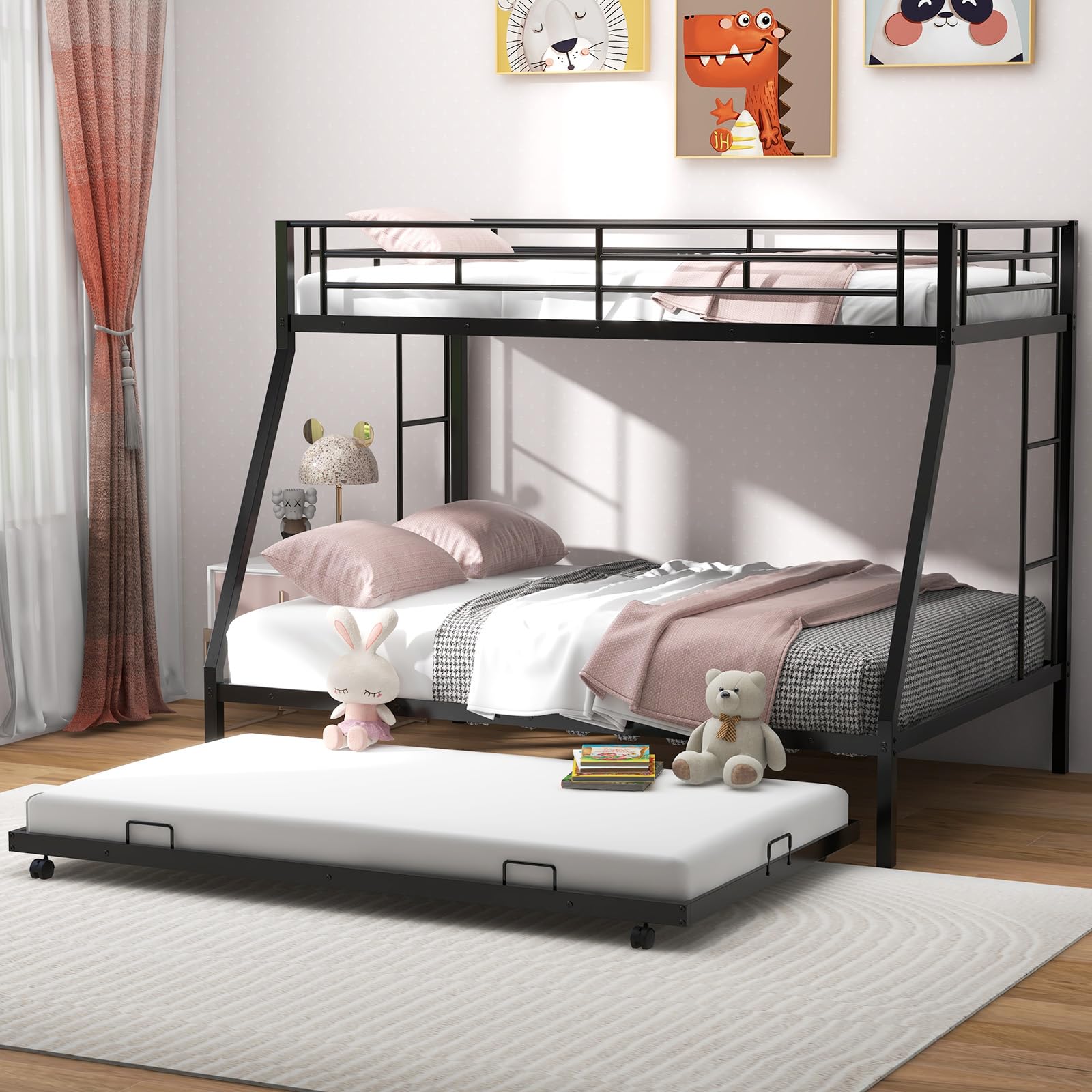 Komfott Twin Over Full Bunk Bed With Trundle, Heavy-Duty Metal Bunk Bed Frame With Guardrail & 2 Ladders, Space-Saving Bunk Bed For Kids/Teens/Adults, No Box Spring Needed