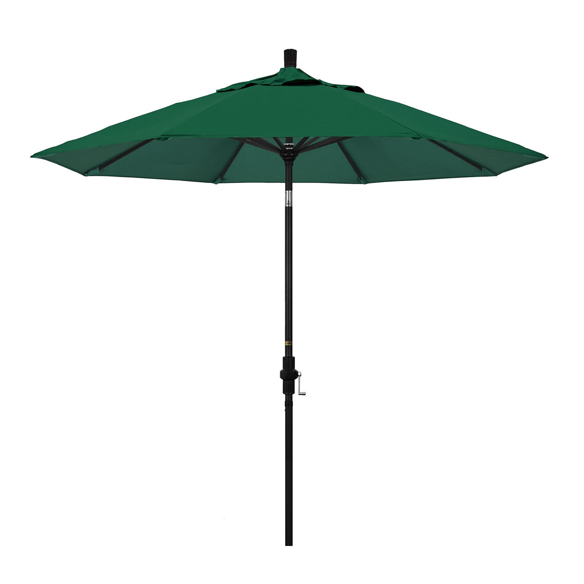California Umbrella 9' Round Aluminum Market Umbrella, Crank Lift, Collar Tilt, Black Pole, Sunbrella Forest Green