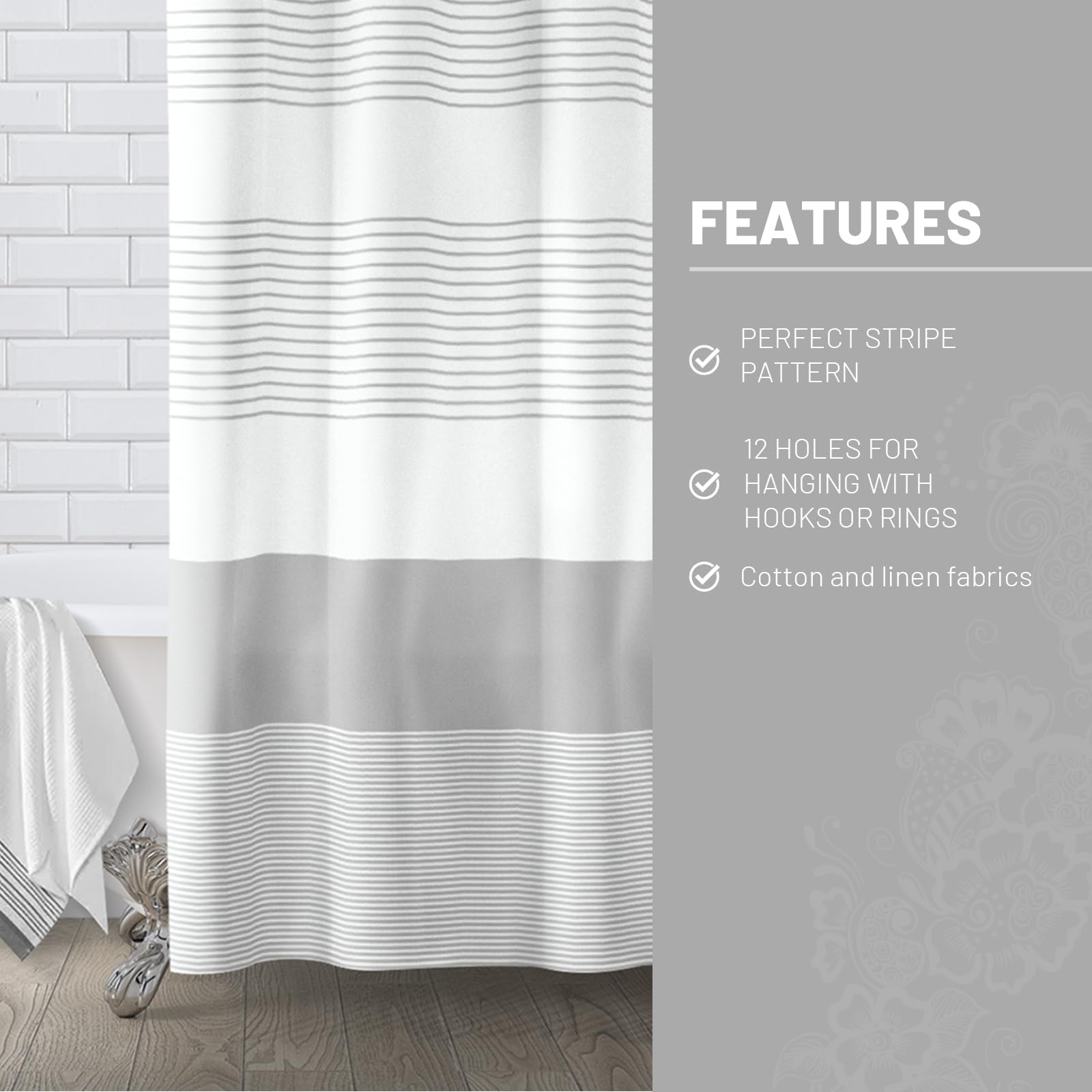 Awellife Boho Gray Shower Curtain For Bathroom Stripe Shower Curtain 72 X 72 Inches Farmhouse Linen Grey