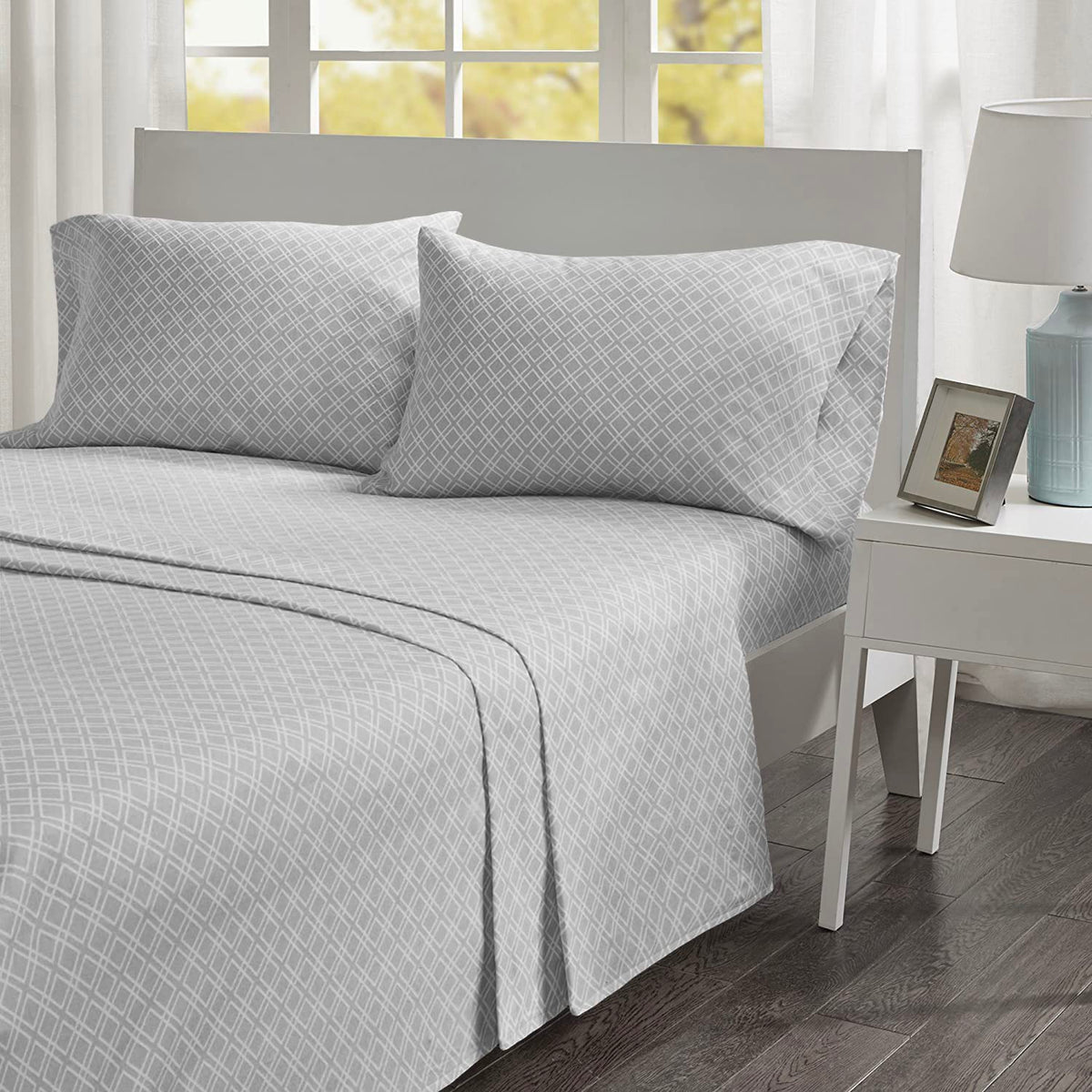 Comfort Spaces Cotton Flannel Breathable Warm Deep Pocket Sheets With Pillow Case Bedding, Queen, Grey Geo 4 Piece