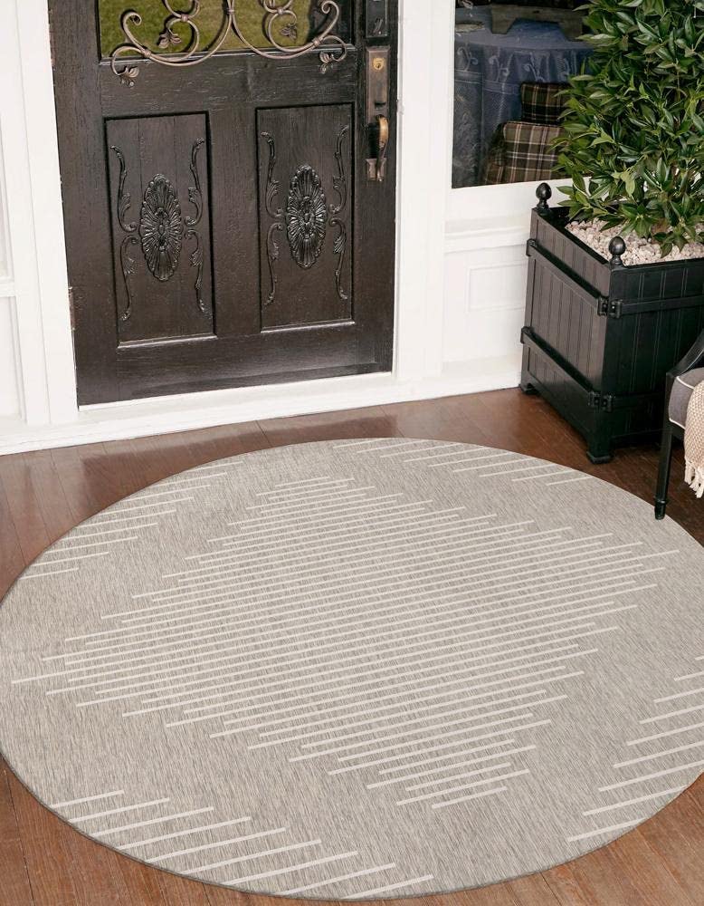 Unique Loom Outdoor Modern Collection Area Rug - Tambor (3' 3' Round, Gray/ Ivory)