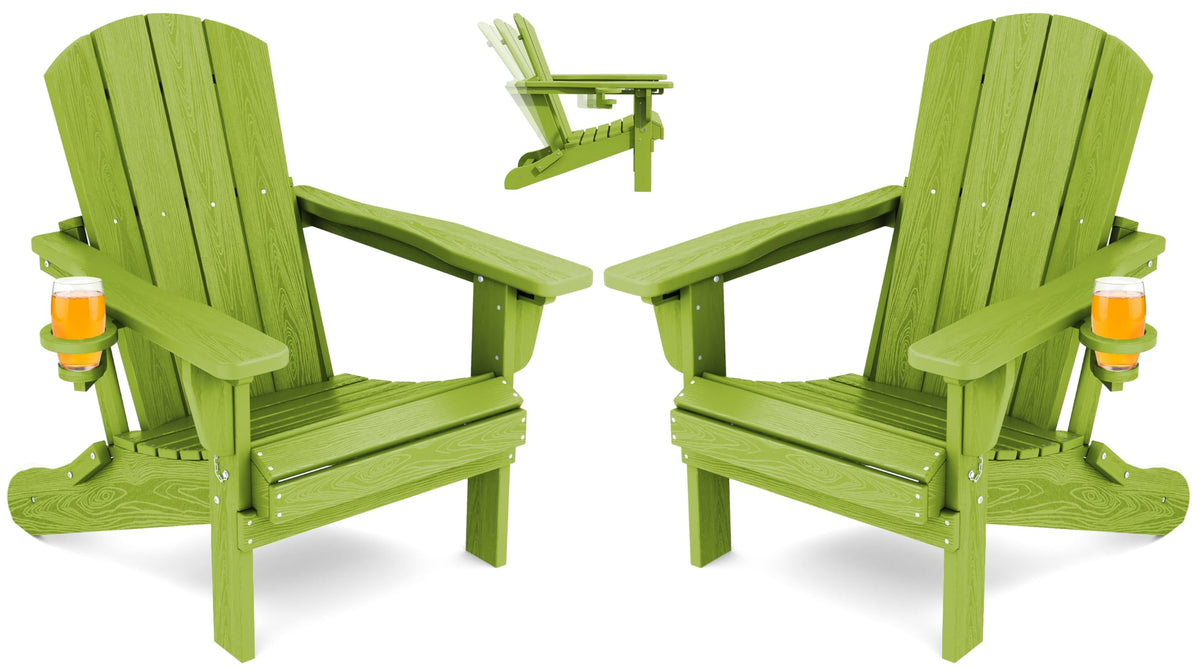 Serwall Folding Adirondack Chair Set Of 2, Reclining Adirondack Chair With Cup Holder, Adjustable Adirondack Chair With 3 Recline Positions, All Weather Hdpe Outdoor Adirondack, Apple