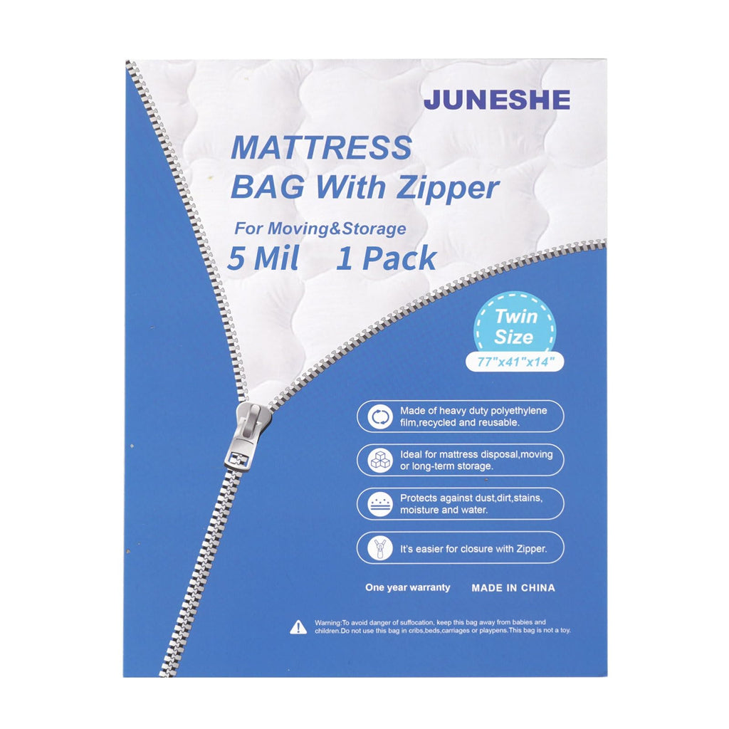 JUNESHE Twin Mattress Bag for Moving and Storage Cover -5 Mil Zipper Plastic Waterproof Mattress Storage Bag,77x41x14 inches,1 P
