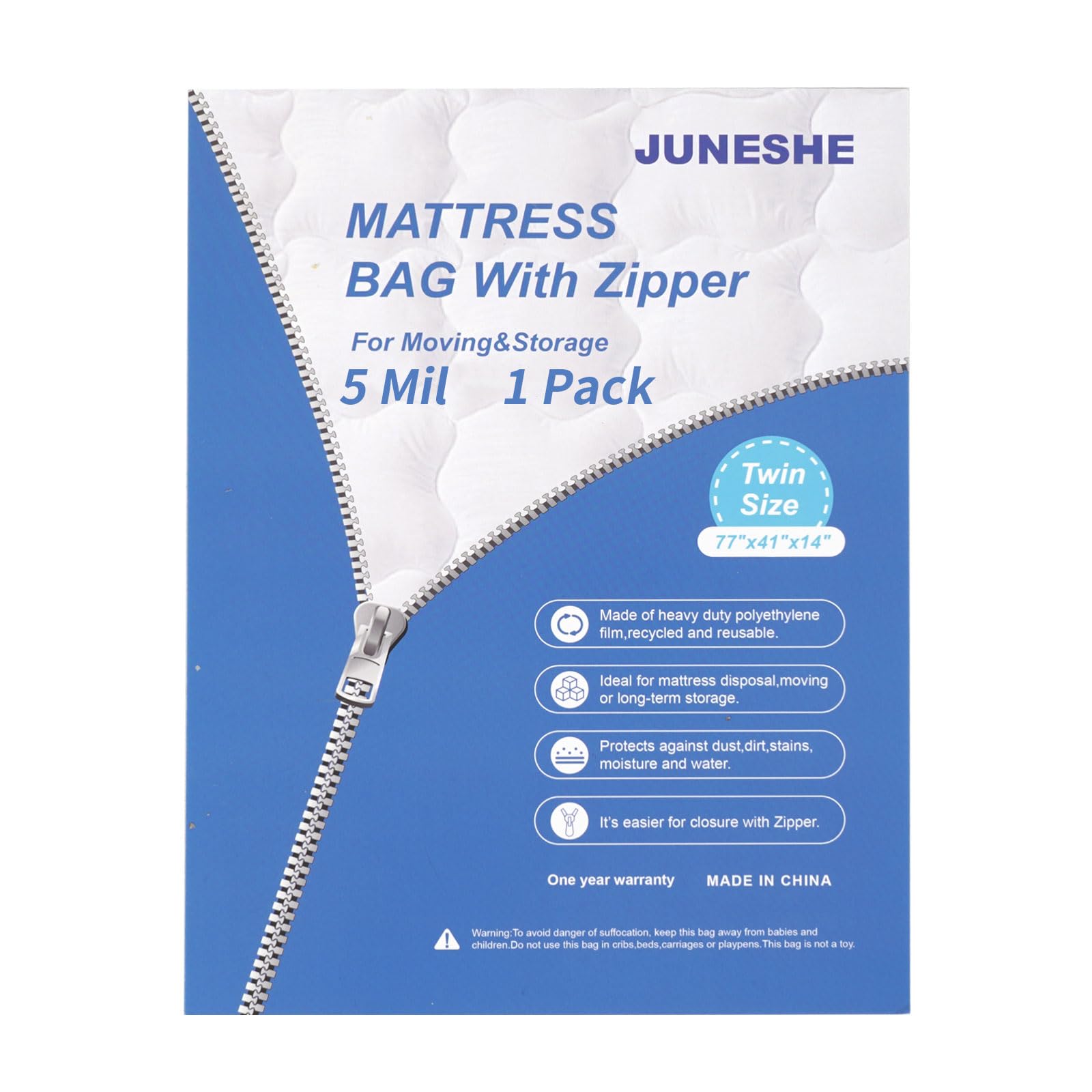 JUNESHE Twin Mattress Bag for Moving and Storage Cover -5 Mil Zipper Plastic Waterproof Mattress Storage Bag,77x41x14 inches,1 P