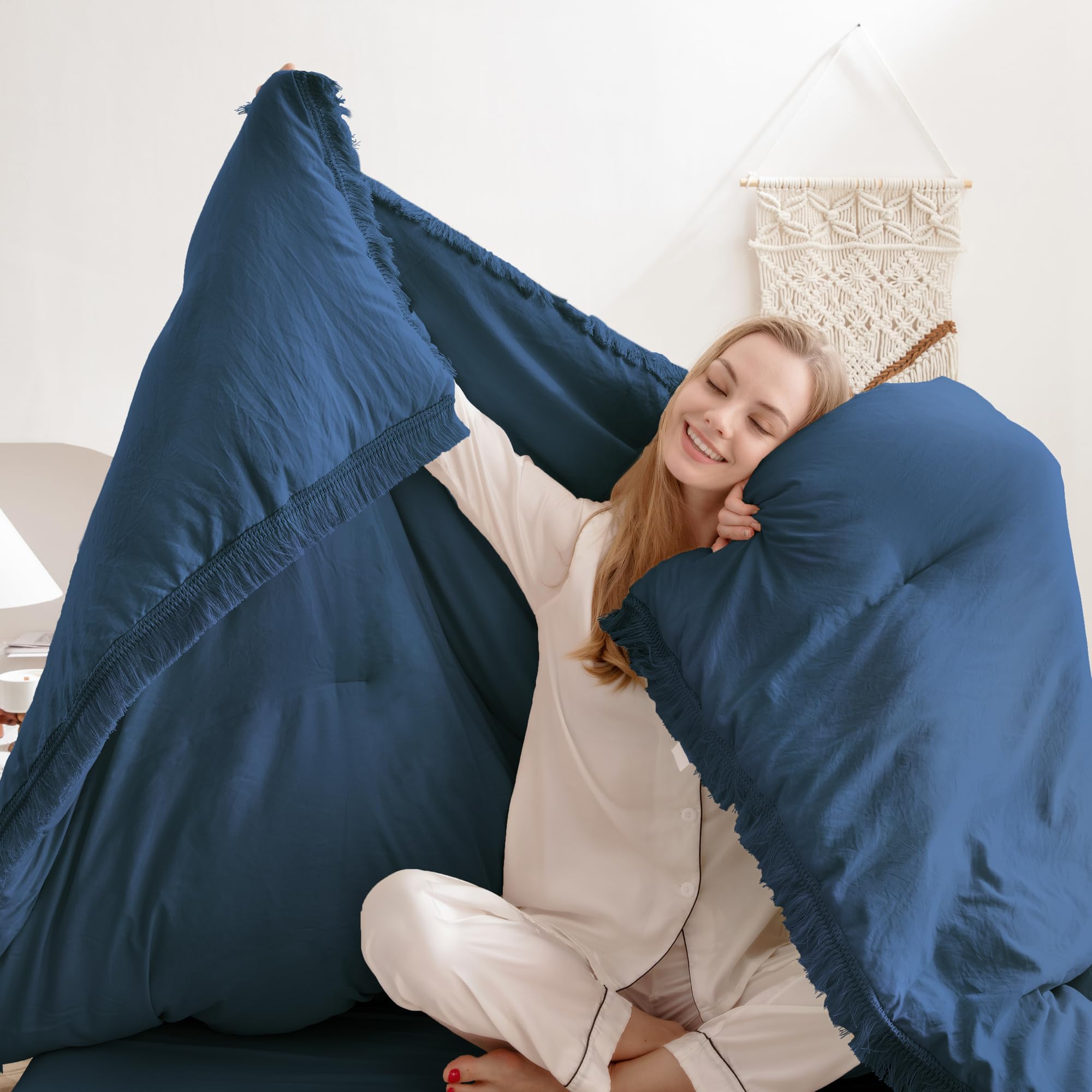 Andency Navy Blue Comforter King Size, 3 Pieces Boho Tassel Lightweight Bedding Comforter Sets For King Bed, All Season Soft Fluffy Fringe Bed Set (104X90In Comforter & 2 Pillowcases)