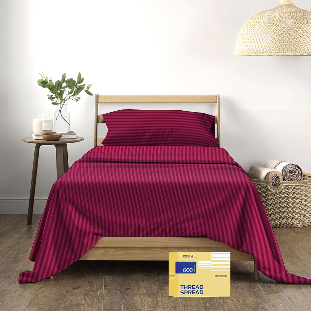 Thread Spread Striped Egyptian Cotton Sheets Twin Xl Size - 600 Thread Count 3 Pc Damask Twin Xl Sheets Deep Pocket, Sateen Weave College Dorm Bedding Twin Xl, Fits Mattress Upto 18' - Burgundy Stripe