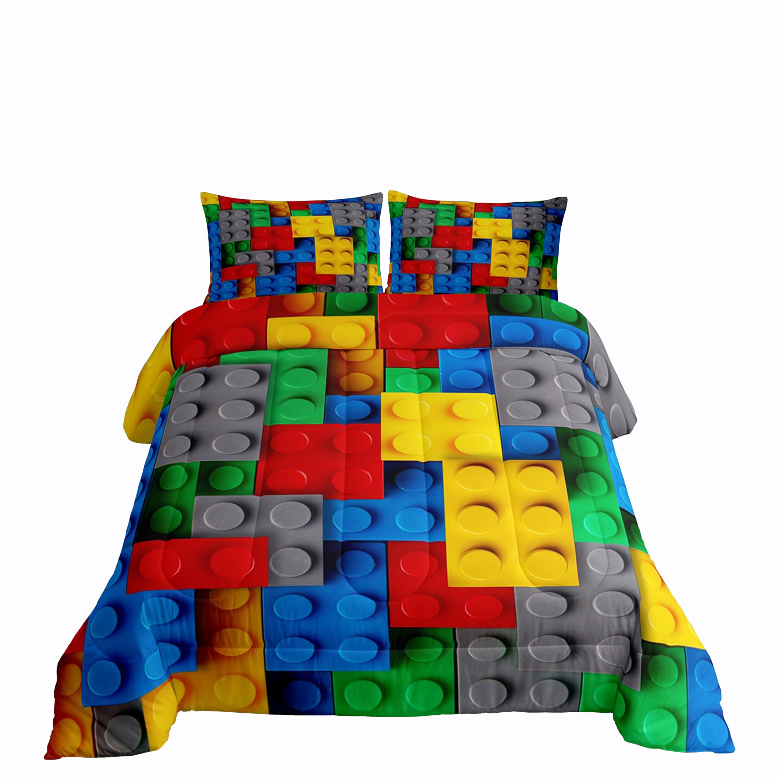 Erosebridal Construction Queen Comforter Set Colorful Bedding Set 3D Building Blocks Quilt,Kids Boys Bricks Duvet Insert Rainbow