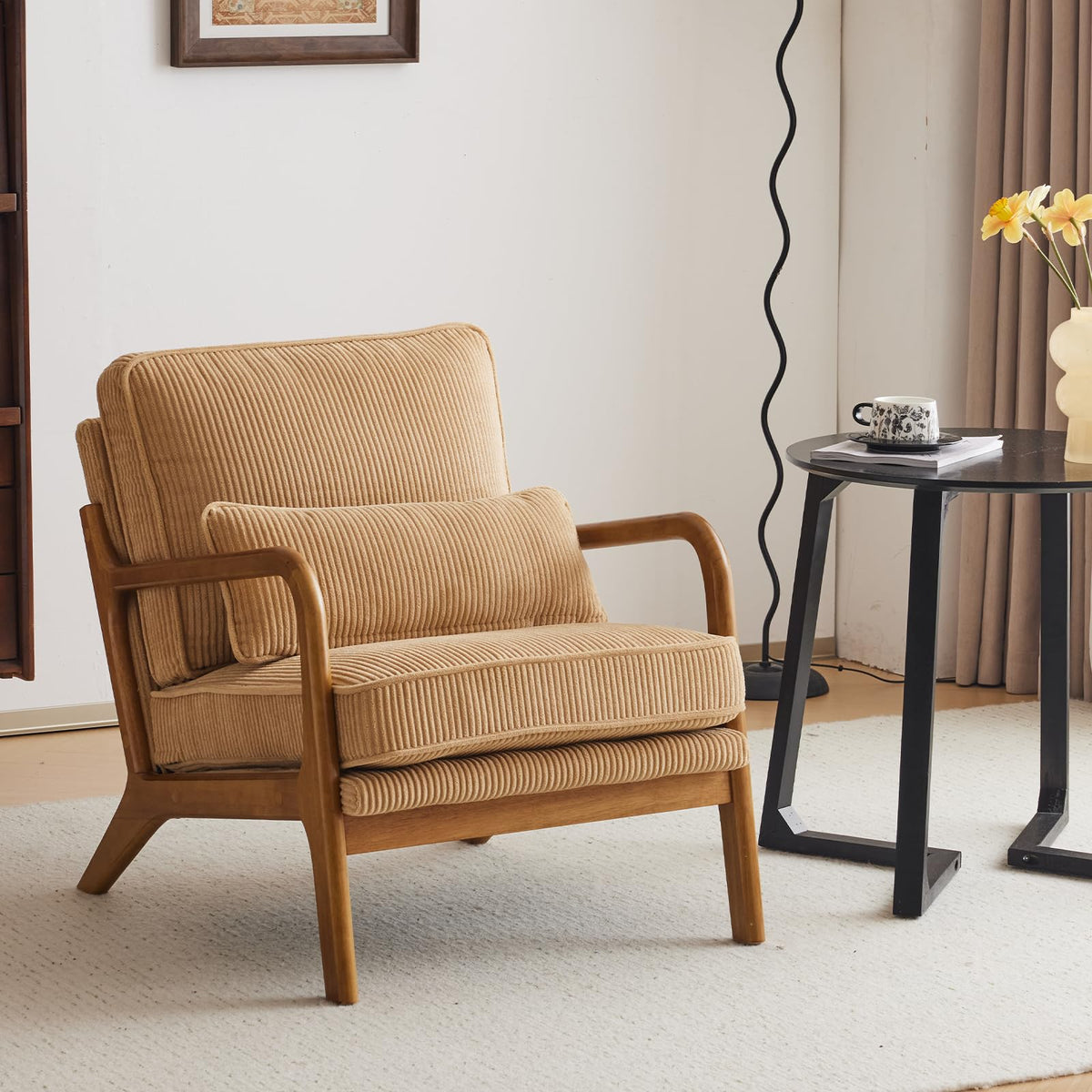 Karl Home Mid-Century Modern Accent Chair, Living Room Chairs With Pillow Upholstered Lounge Armchair With Solid Wood Frame & So
