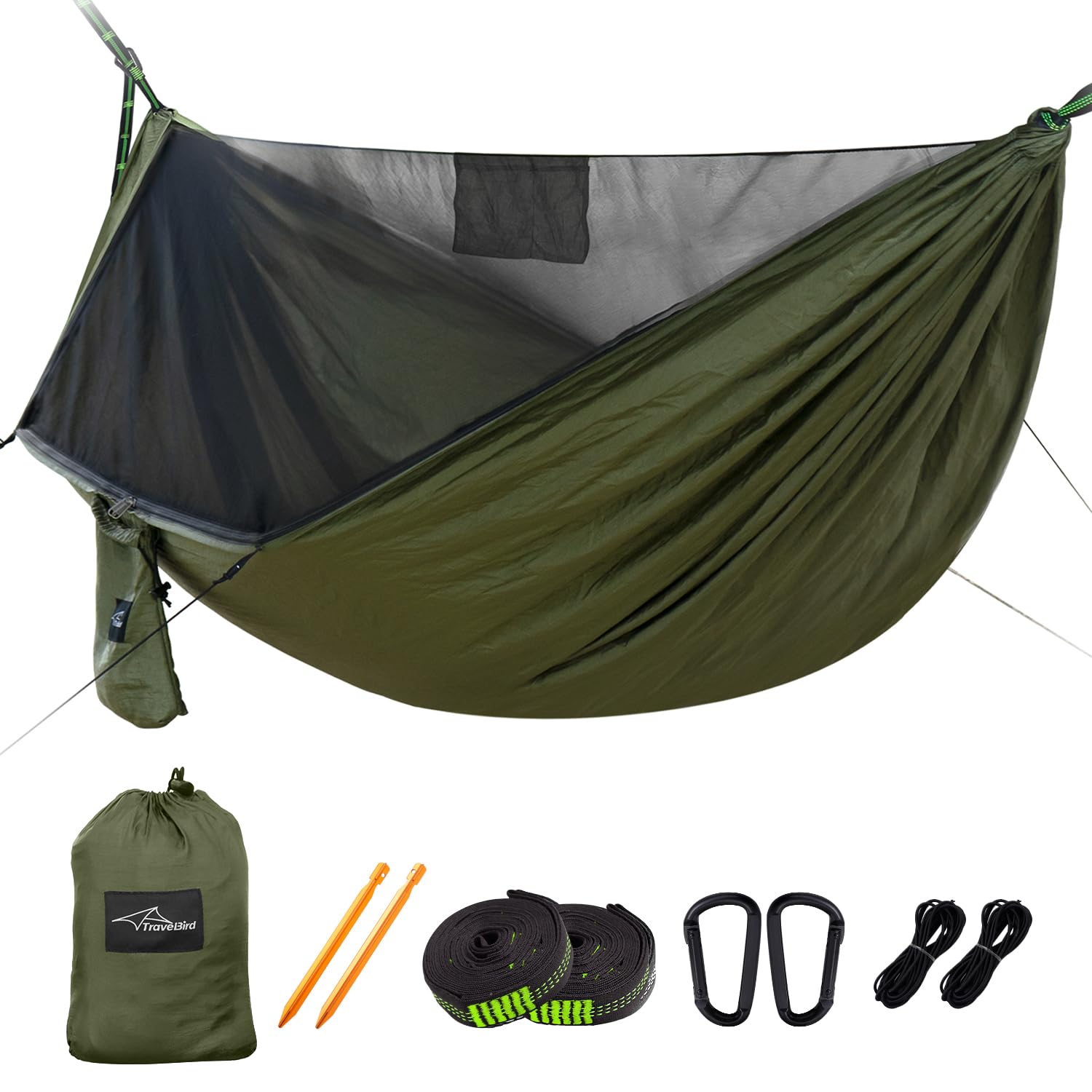 Travel Bird Camping Hammock with Mosquito Net and Ridge Rope, Extra Large for 2 Person, Lightweight Hanging Hammocks Tree Straps