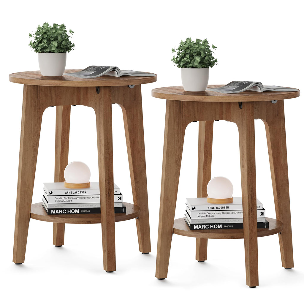 Vasagle Side Tables, Set Of 2, Small Round End Table With Lower Shelf, Nightstand For Small Spaces, Living Room, Bedroom, Rustic Walnut Ulet289K01