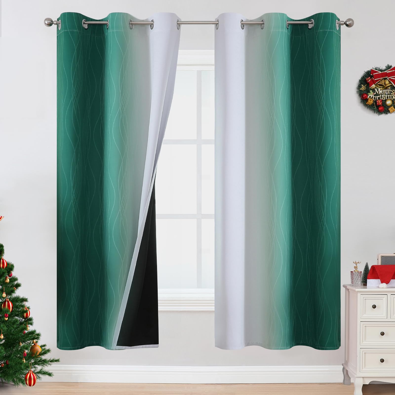Estelar Textiler Full Room Darkening Blackout Curtains 72 Inch Length 2 Panels Set, Ombre Greyish White And Green Thermal Insula
