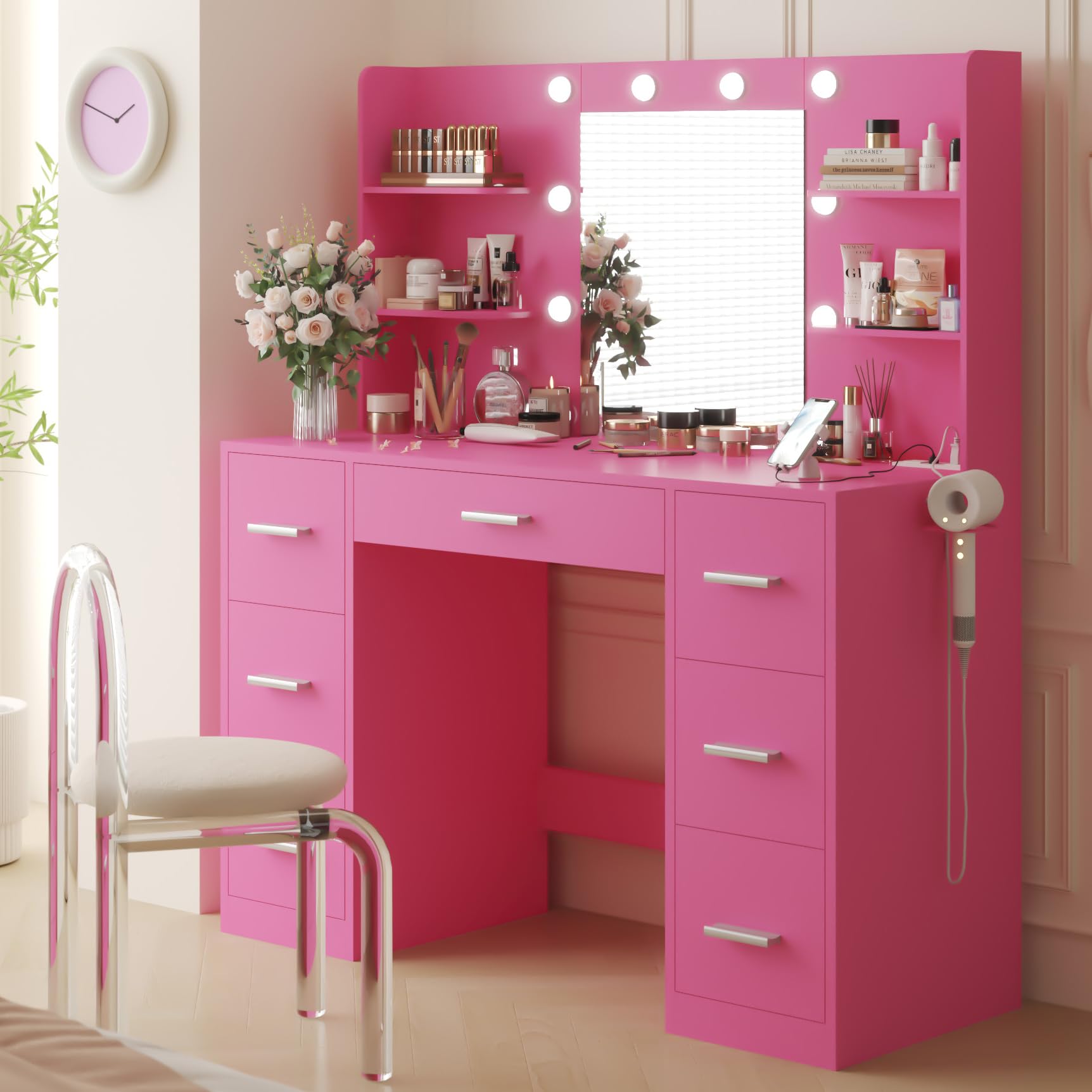 YESHOMY Vanity Desk with Mirror, Power Outlet and 10 Lights, Makeup Table with 7 Drawers, 3 Color Modes Available for Bedroom, R