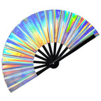 dmjuncong Folding Hand Rave Fan,Clack Handheld Fan,Holographic Laser Colors Hand Fan,for Festivals,Rainbow Outfits,Disco Party,H