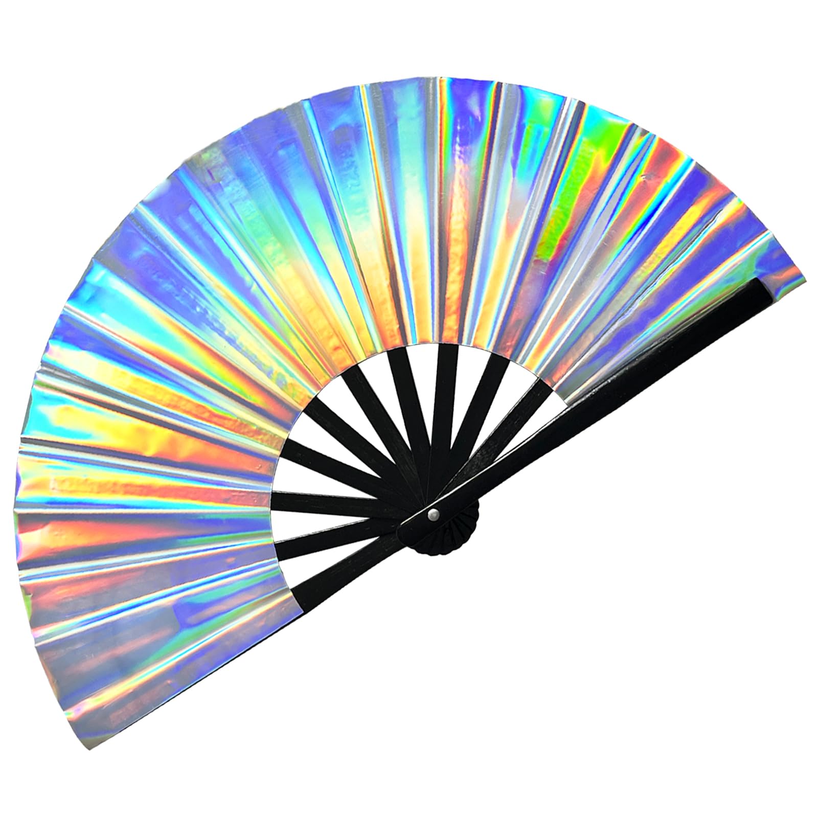 dmjuncong Folding Hand Rave Fan,Clack Handheld Fan,Holographic Laser Colors Hand Fan,for Festivals,Rainbow Outfits,Disco Party,H