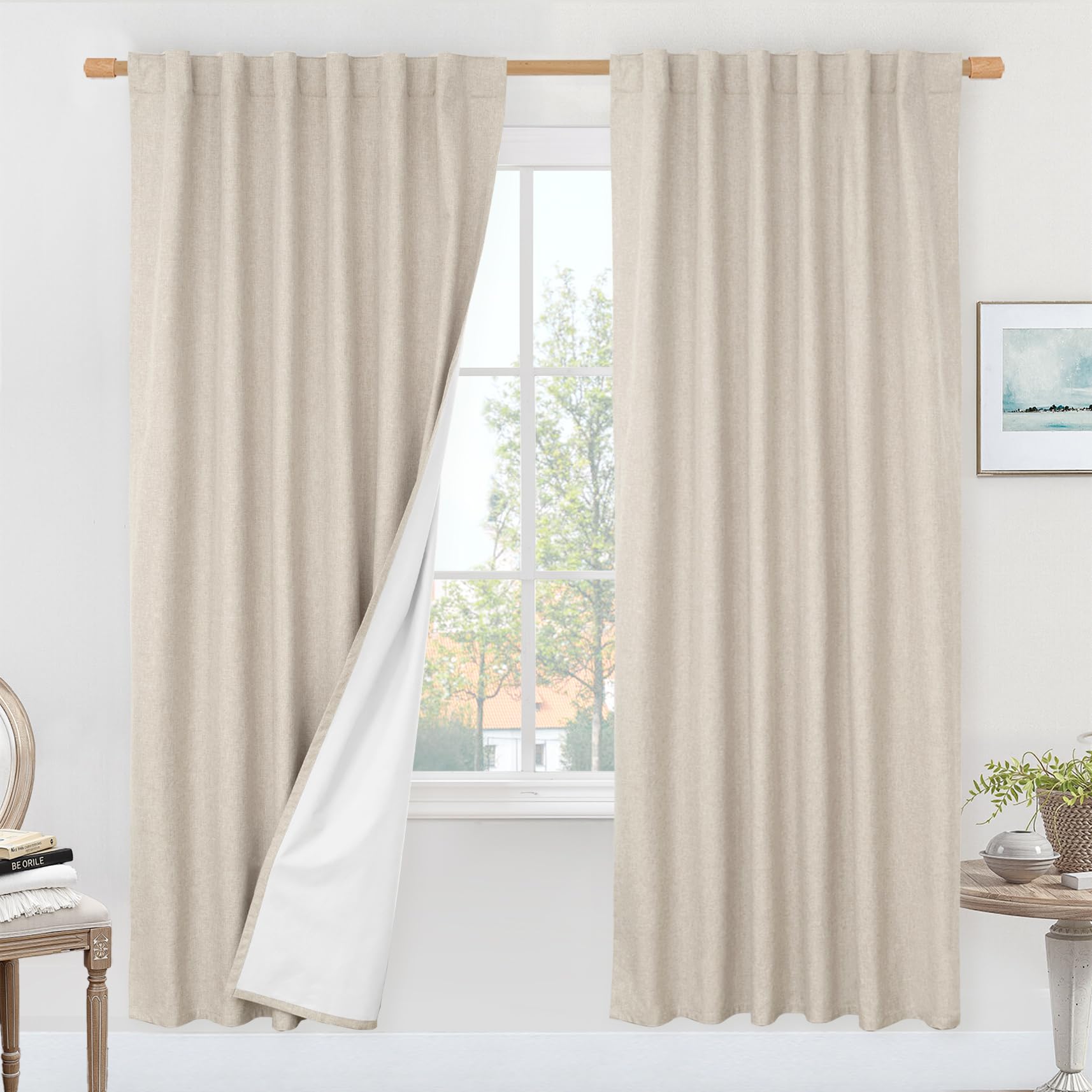 LAMIT 100% Blackout Oatmeal Linen Curtains, 80 Inches Linen Textured Thermal Bedroom Drapes Back Tab and Rod Pocket Neutral Pane