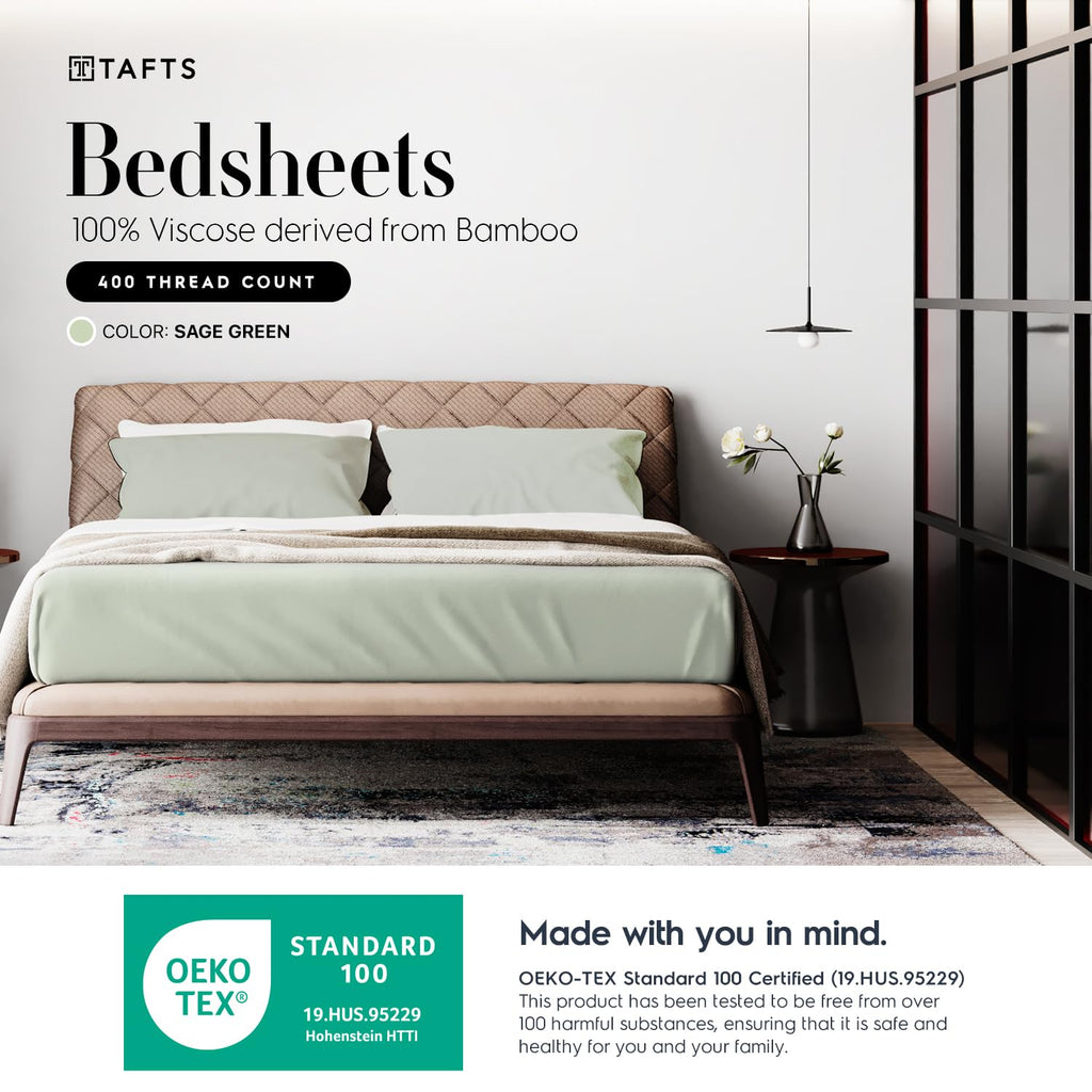 Tafts Bamboo Sheets Full Size Bed Sheets 5 Piece Set, Pure 100% Organic Bamboo, 17” Deep Pockets - Luxuriously Soft, Silky Smooth, Cooling, Double Stitched, Lifetime Quality Guarantee (Green)