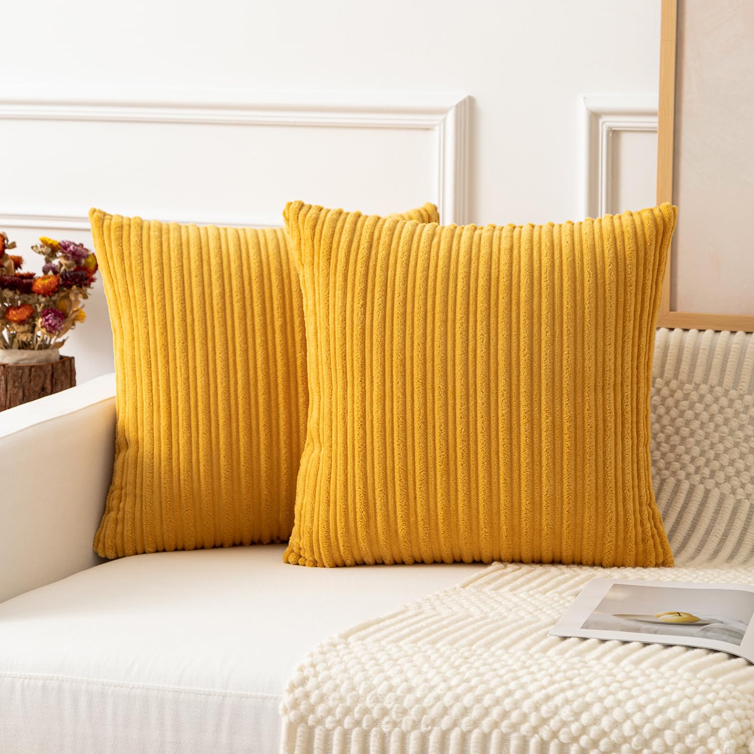 Kevin Textile Set Of 2, Decorative Pillows Covers For Couch Striped Velvet Floor Pillows For Kids 22 X 22 Inch, 55X55Cm, Orange