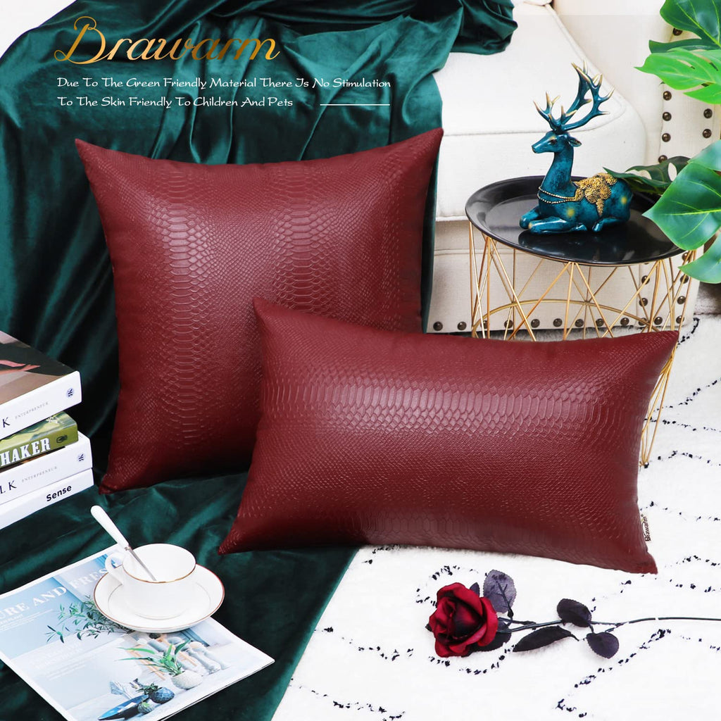 Brawarm Deep Red Leather Throw Pillows 16 X 16 Inches, Snake Leather Pillow Covers Pack Of 2, Faux Leather Decorative Pillow Cov