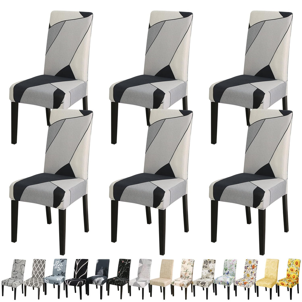 Jqinhome Pattern Chair Covers For Dining Room Set Of 6, High Stretch Removable Washable Parsons Chair Slipcover For Home Party Hotel Wedding Ceremony (White Grey,6Pcs)