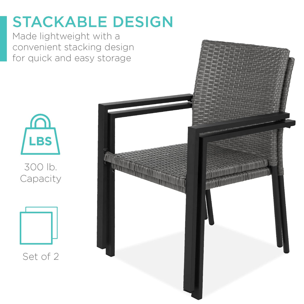 Best Choice Products Set Of 2 Stackable Outdoor Wicker Dining Chairs All-Weather Firepit Armchair W/Armrests, Steel Frame For Patio, Deck, Garden, Yard - Gray