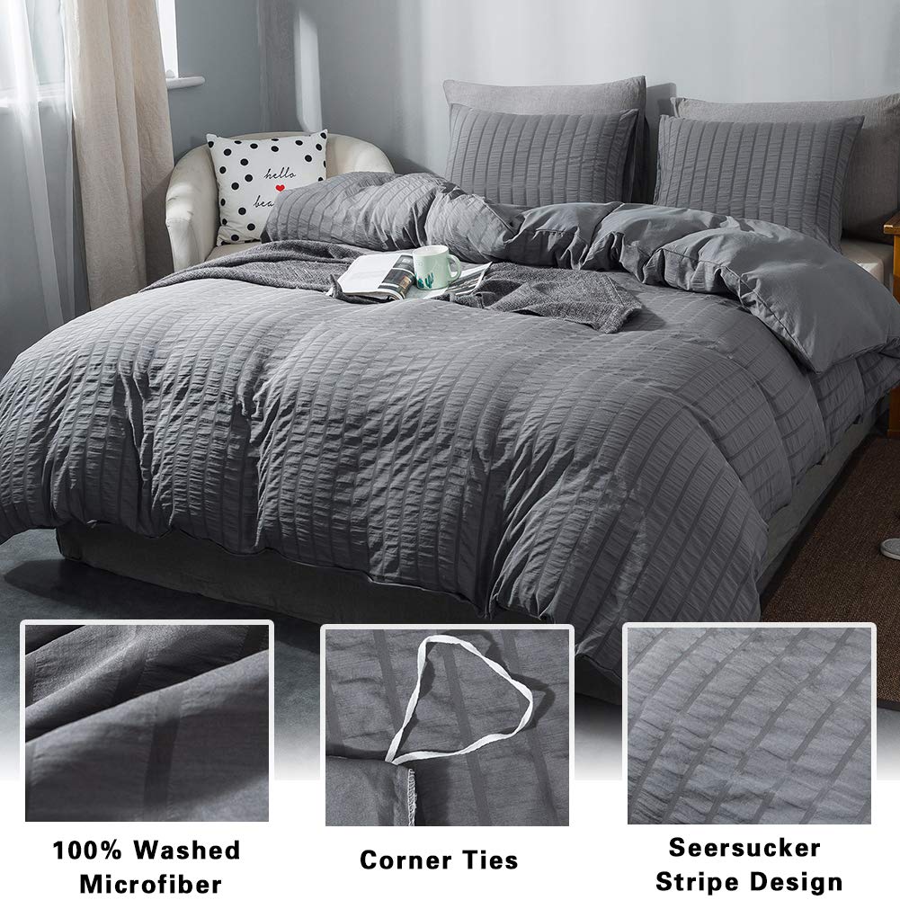 Avelom Dark Gray Duvet Cover Twin Size (68 X 90 Inches),2 Pieces (1 Duvet Cover, 1 Pillow Case) Stripe Textured Soft Washed Microfiber Grey Duvet Cover With Zipper Closure Corner Ties