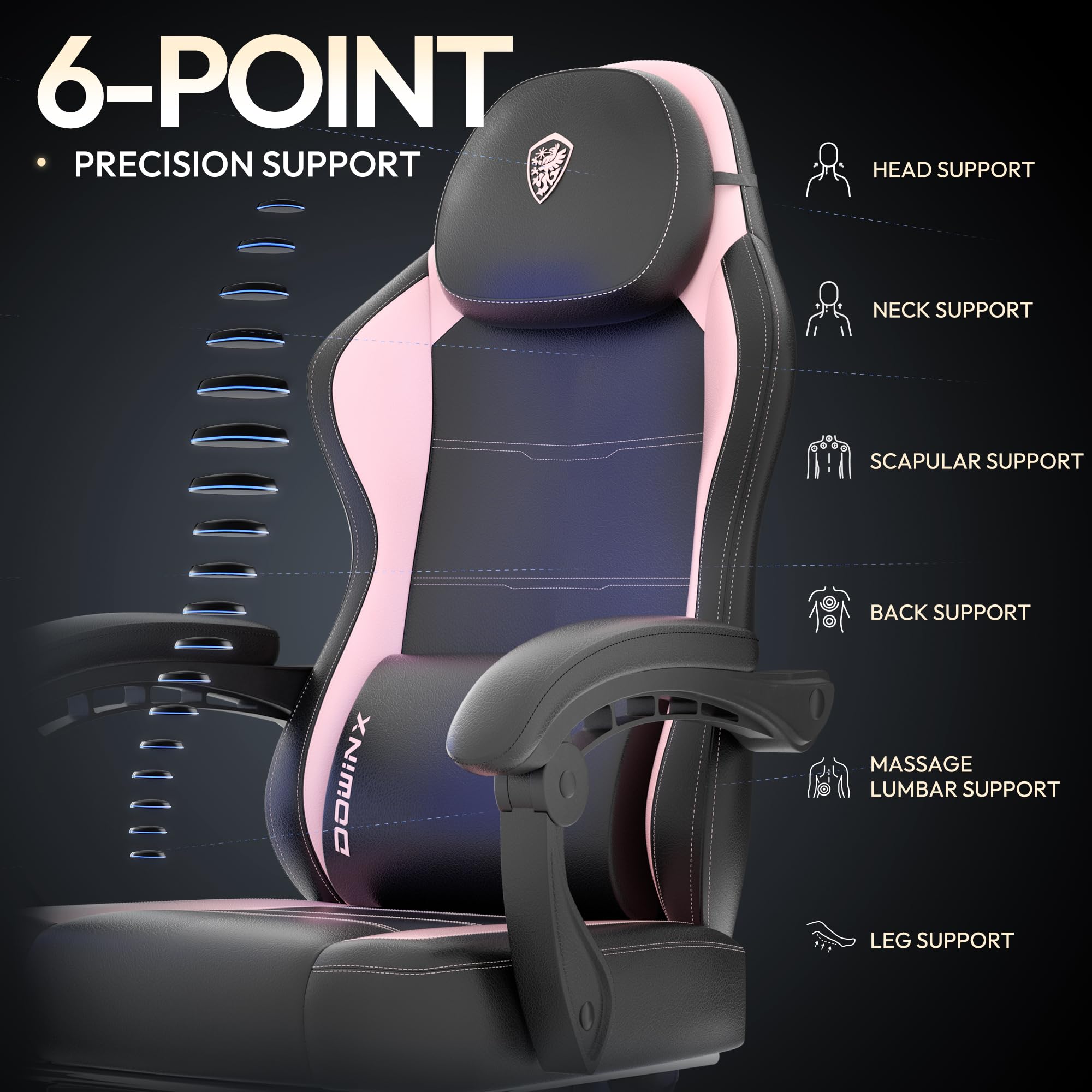 Dowinx Gaming Chair With Pocket Spring Cushion And Footrest, Ergonomic Game Chair With Massage Lumbar Support For Adults, High Back Leather Computer Chair For Office Gaming 300Lbs, Pink