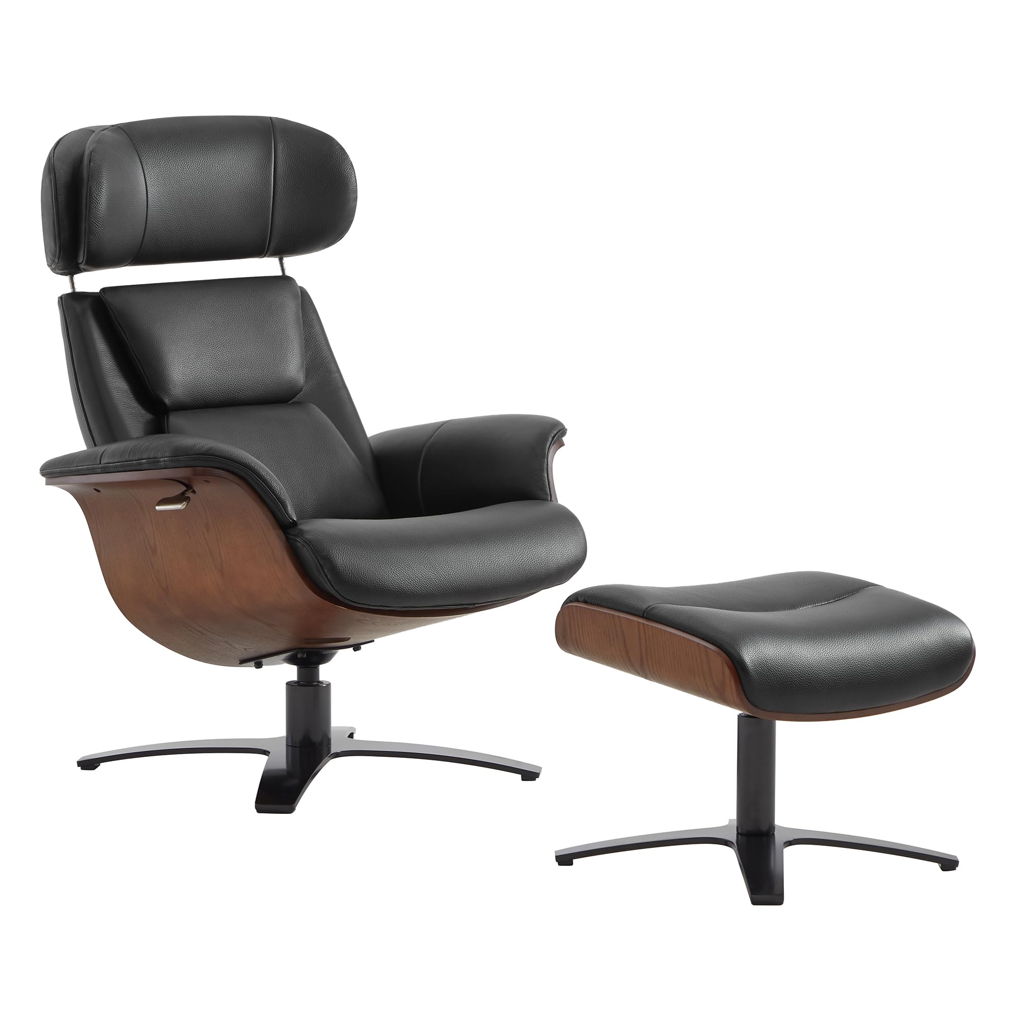 Chita Genuine Leather Reclining Swivel Chair With Adjustable Headrest And Ottoman For Living Room, Black
