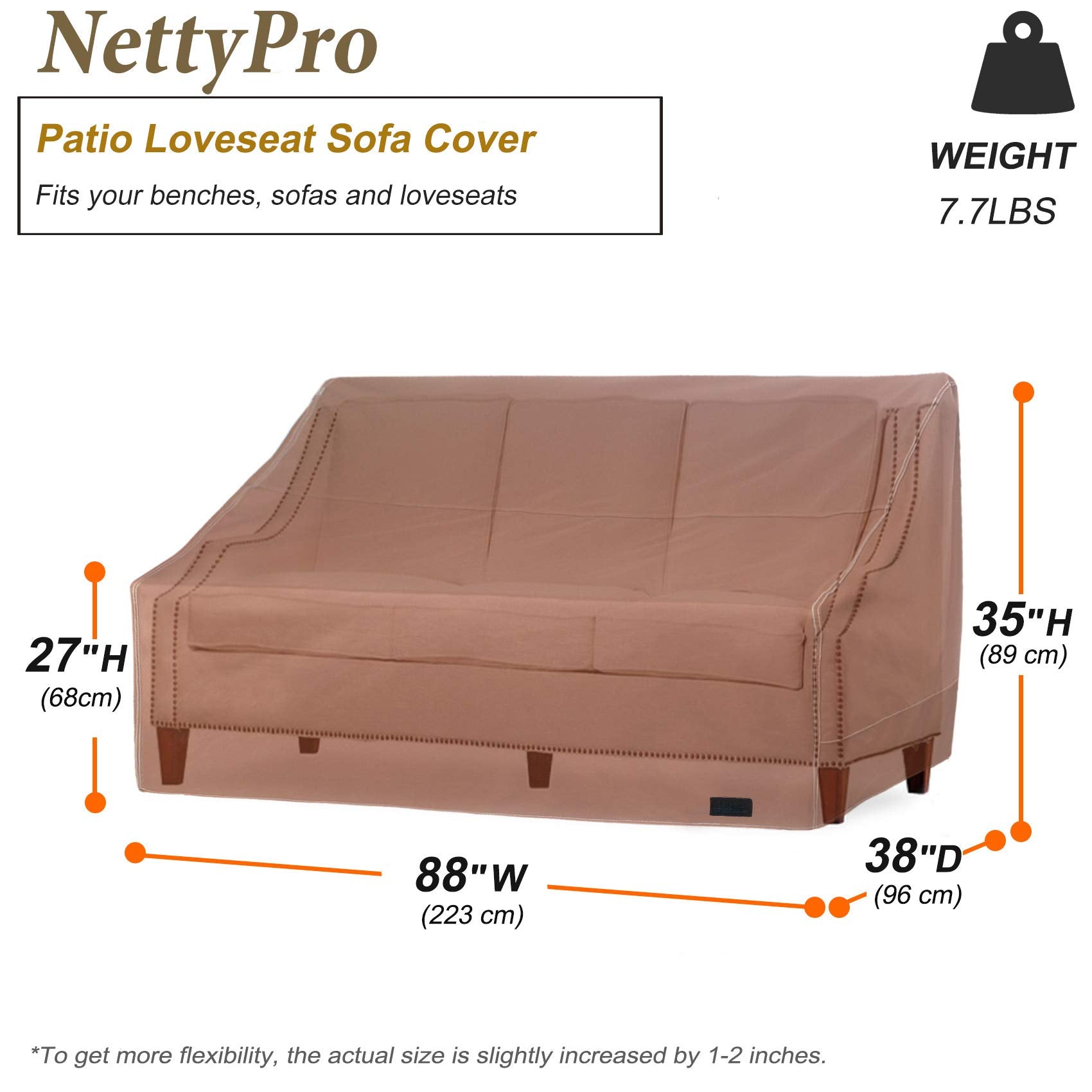 Nettypro Patio Sofa Couch Cover, Waterproof 600D Heavy Duty Outdoor Furniture 3 Seater Bench Cover, 88' Wx 38' Dx 35' H, Brown