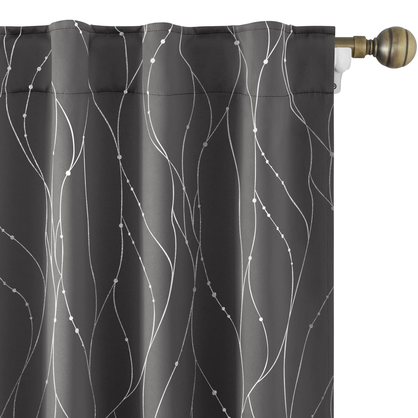 Homeideas Grey/Gray Blackout Curtains 52 X 96 Inch Length 2 Panels Silver Wave Line With Dots Printed Back Tab Room Darkening Cu