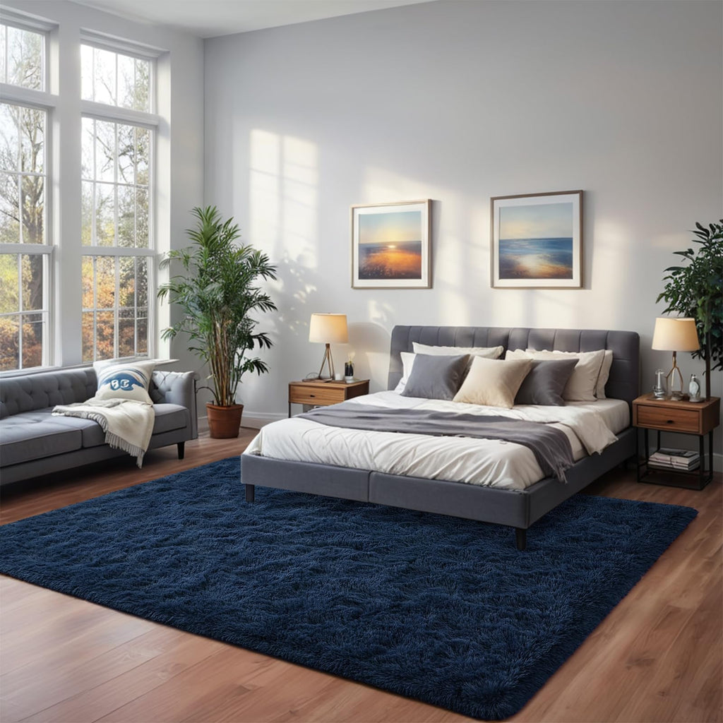 Larhom Large Fluffy Shag Area Rug For Living Room, 6X9 Ft Navy Blue Fuzzy Plush Rugs For Kids Girls Boys Room, Nursery Dorm Room