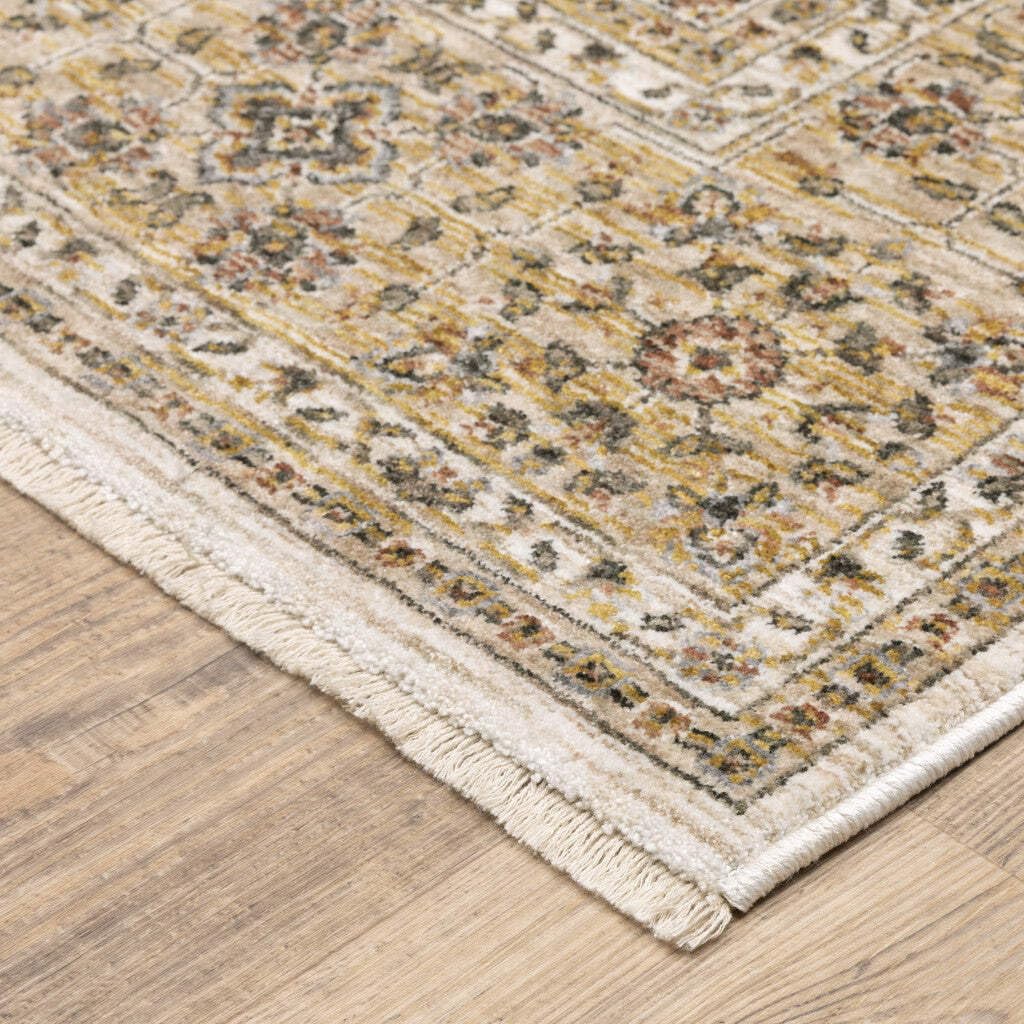 HomeRoots 509386 10 x 13 ft. Ivory & Gold Oriental Power Loom Stain Resistant Rectangle Area Rug with Fringe
