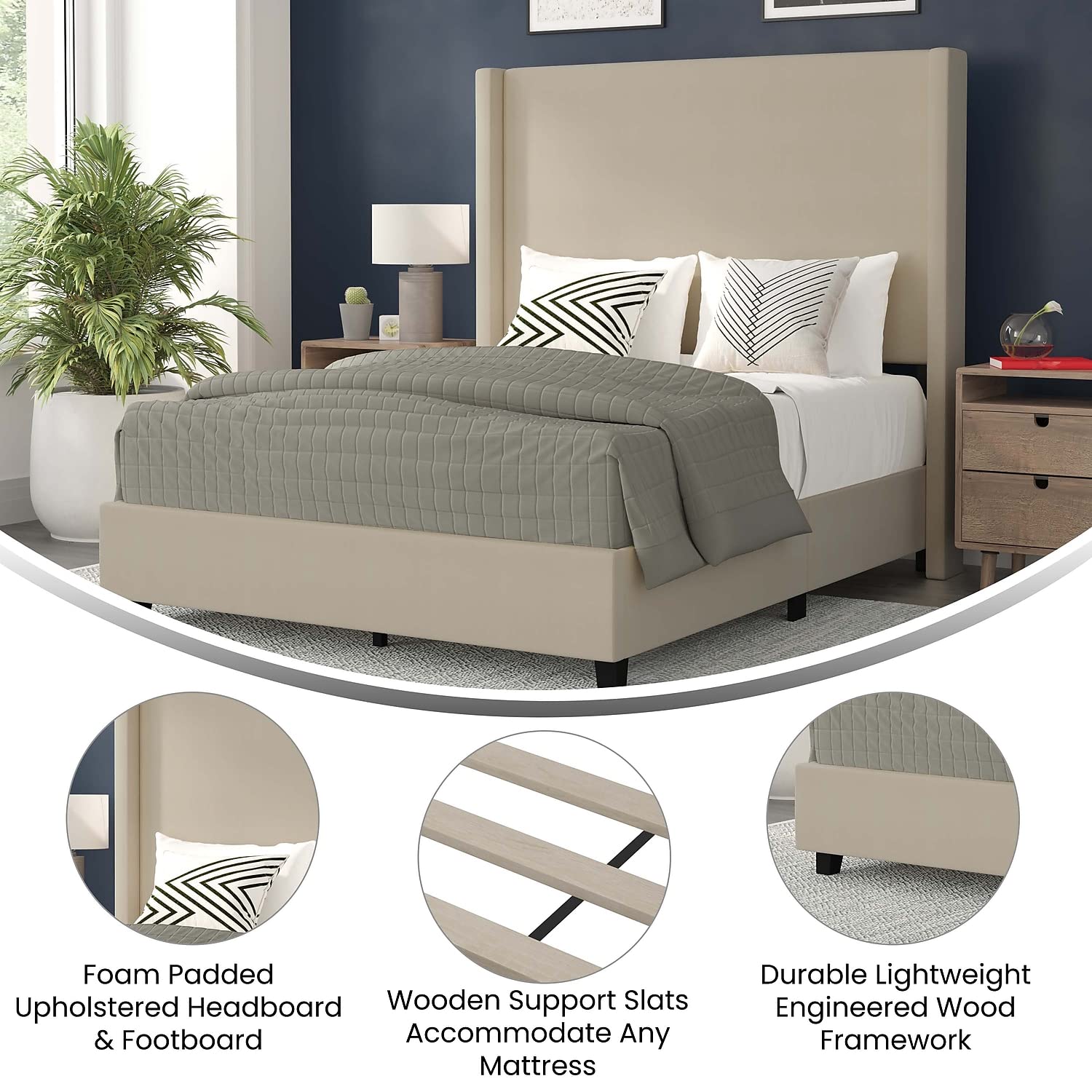 Flash Furniture Quinn Upholstered Platform Bed - Beige Channel Stitched Wingback Headboard - Queen - Mattress Foundation with Slatted Supports - No Box Spring Needed