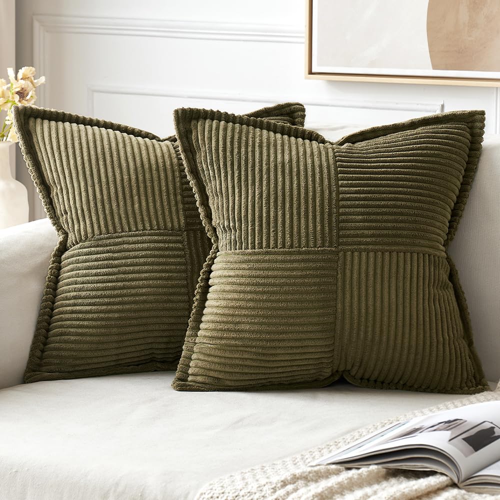 Miulee Olive Green Corduroy Pillow Covers 20 X 20 Inch With Splicing Set Of 2 Super Soft Boho Striped Pillow Covers Broadside De