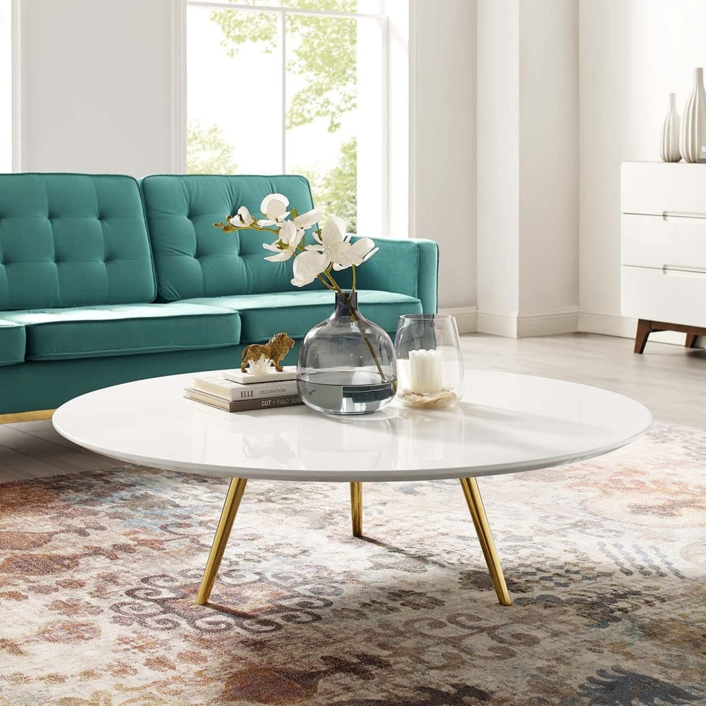 Modway Lippa 47" Mid-Century Modern Round Coffee Table With Tripod Base In Gold White