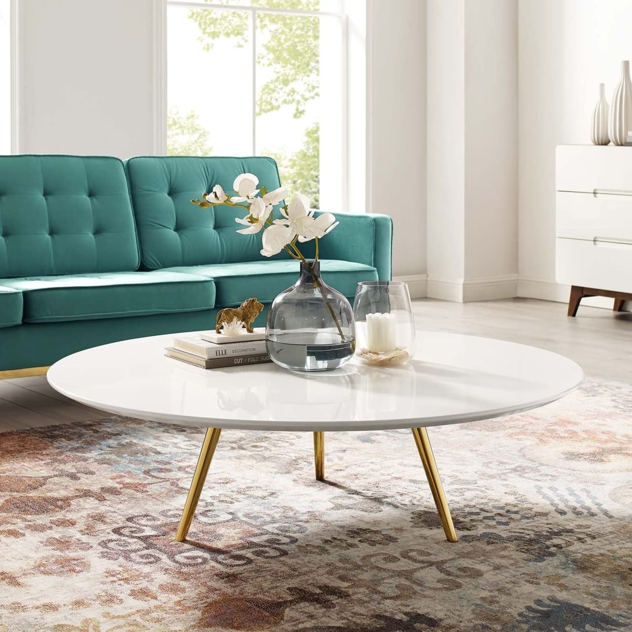 Modway Lippa 47" Mid-Century Modern Round Coffee Table With Tripod Base In Gold White