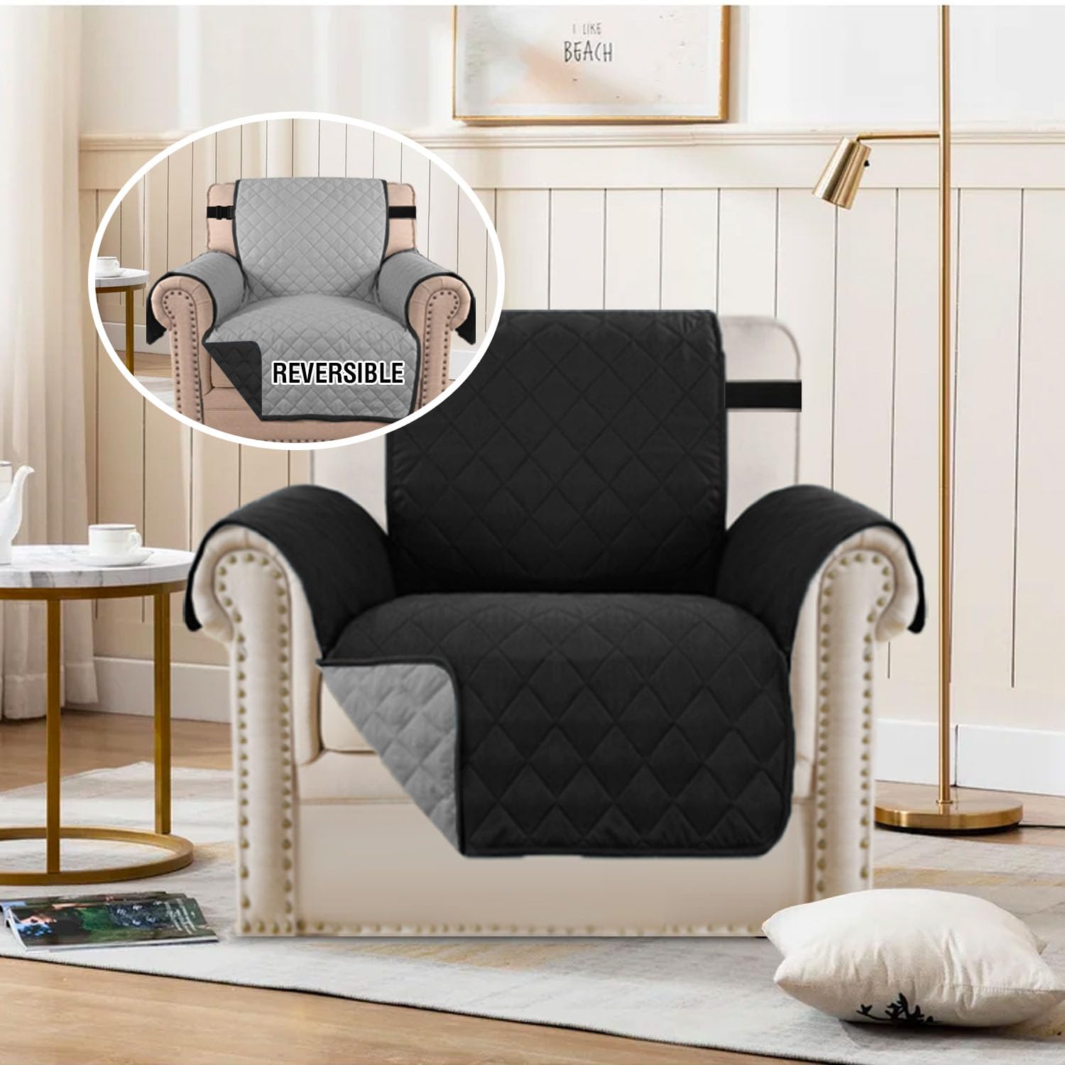H.Versailtex Reversible Chair Cover For Dogs Pet Water Repellent Sofa Cover Chair Slipcover 2' Thick Straps Slip-Resistant Chair Protector Soft Quilted Seat Width Up To 21'(Armchair, Black/Grey)