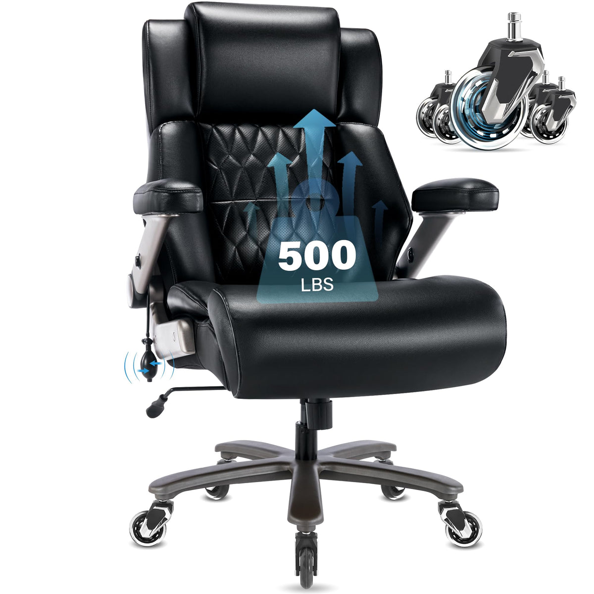Big And Tall 500Lbs Office Chair - Adjustable Lumbar Support 3D Flip Arms Heavy Duty Metal Base&Wheels, High Back Large Executiv