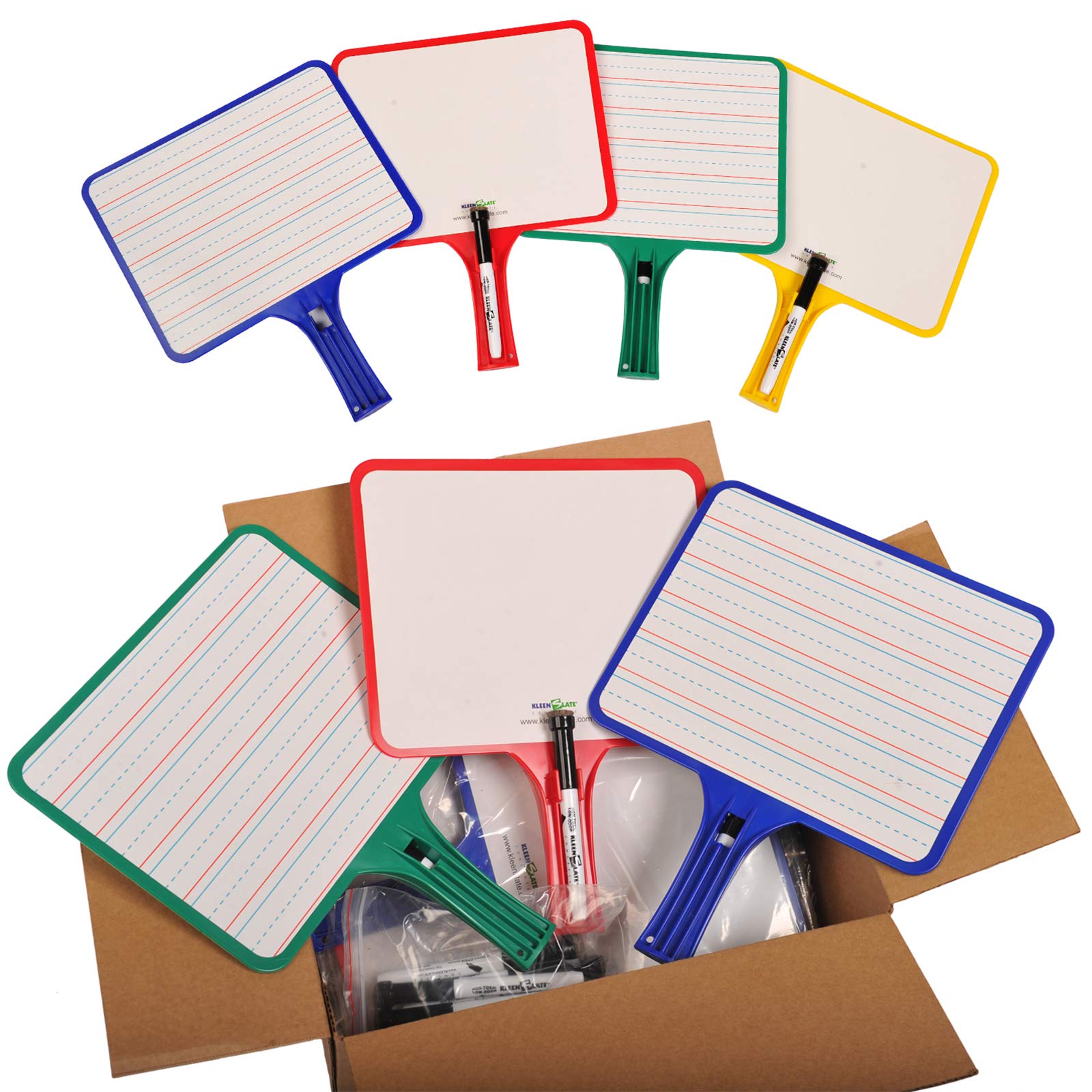 Kleenslate Blank/Lined 2-Sided Rectangular Dry Erase Paddles With Markers, Class Set Of 10