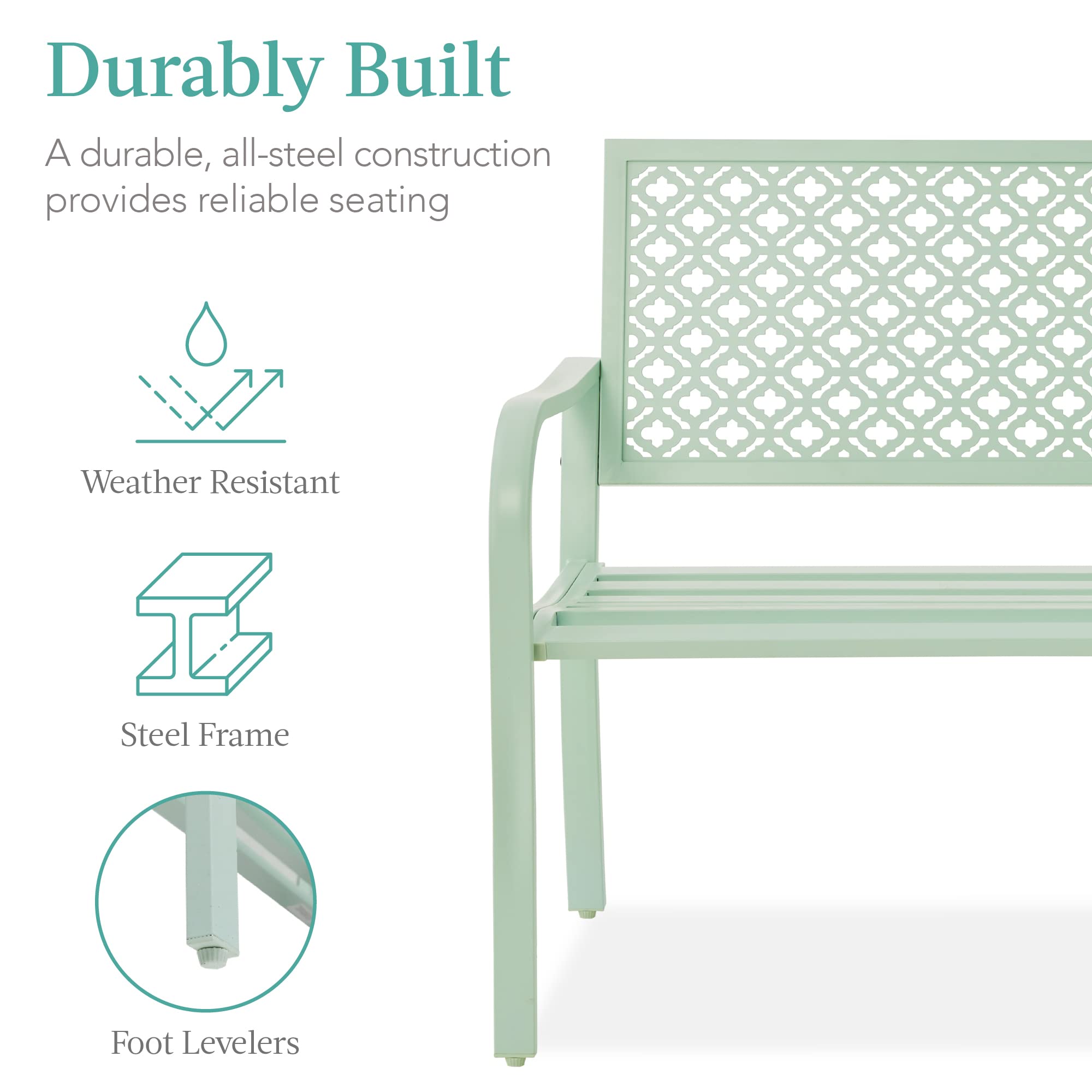 Best Choice Products Outdoor Bench 2-Person Metal Steel Benches Furniture For Garden, Patio, Porch, Entryway W/Geometric Backrest, 790Lb Capacity - Mint Green