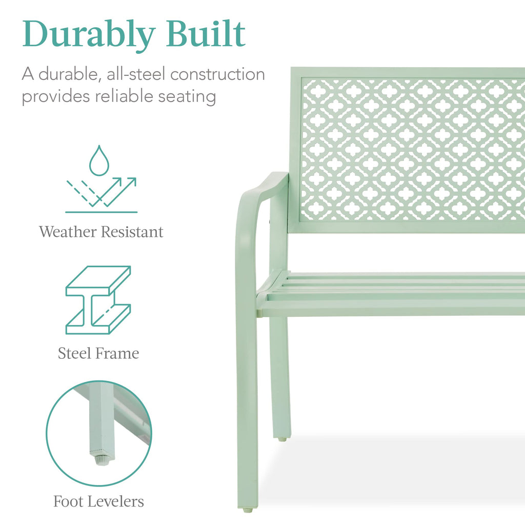 Best Choice Products Outdoor Bench 2-Person Metal Steel Benches Furniture For Garden, Patio, Porch, Entryway W/Geometric Backrest, 790Lb Capacity - Mint Green
