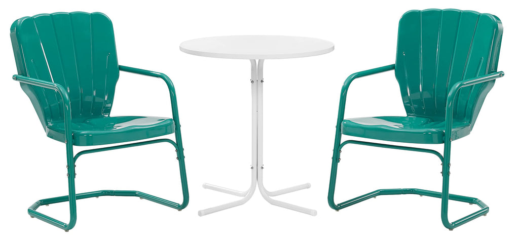 Crosley Furniture Ridgeland 3-Piece Outdoor Bistro Set, Retro Metal Patio Table and Chairs for Dining, Porch, Turquoise Gloss