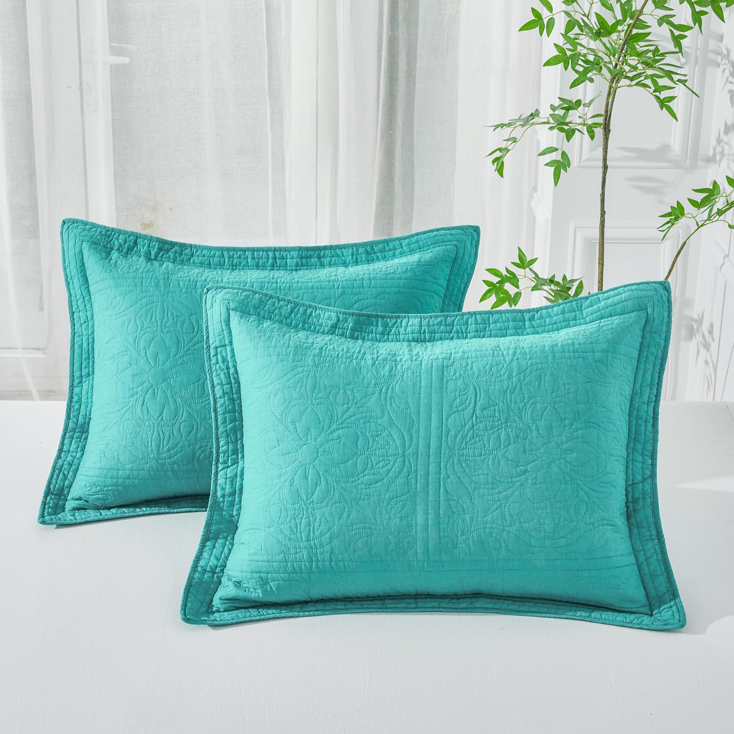 Winlife 100% Cotton Quilted Pillow Sham Floral Printed Pillow Cover Set Of 2 (Standard Size, Teal)