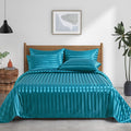P Pothuiny 6 Pieces Satin Sheets Striped Printed, Teal Satin Bed Sheets Luxury Silky Queen Size Bedding Set, 1 Satin Fitted Shee