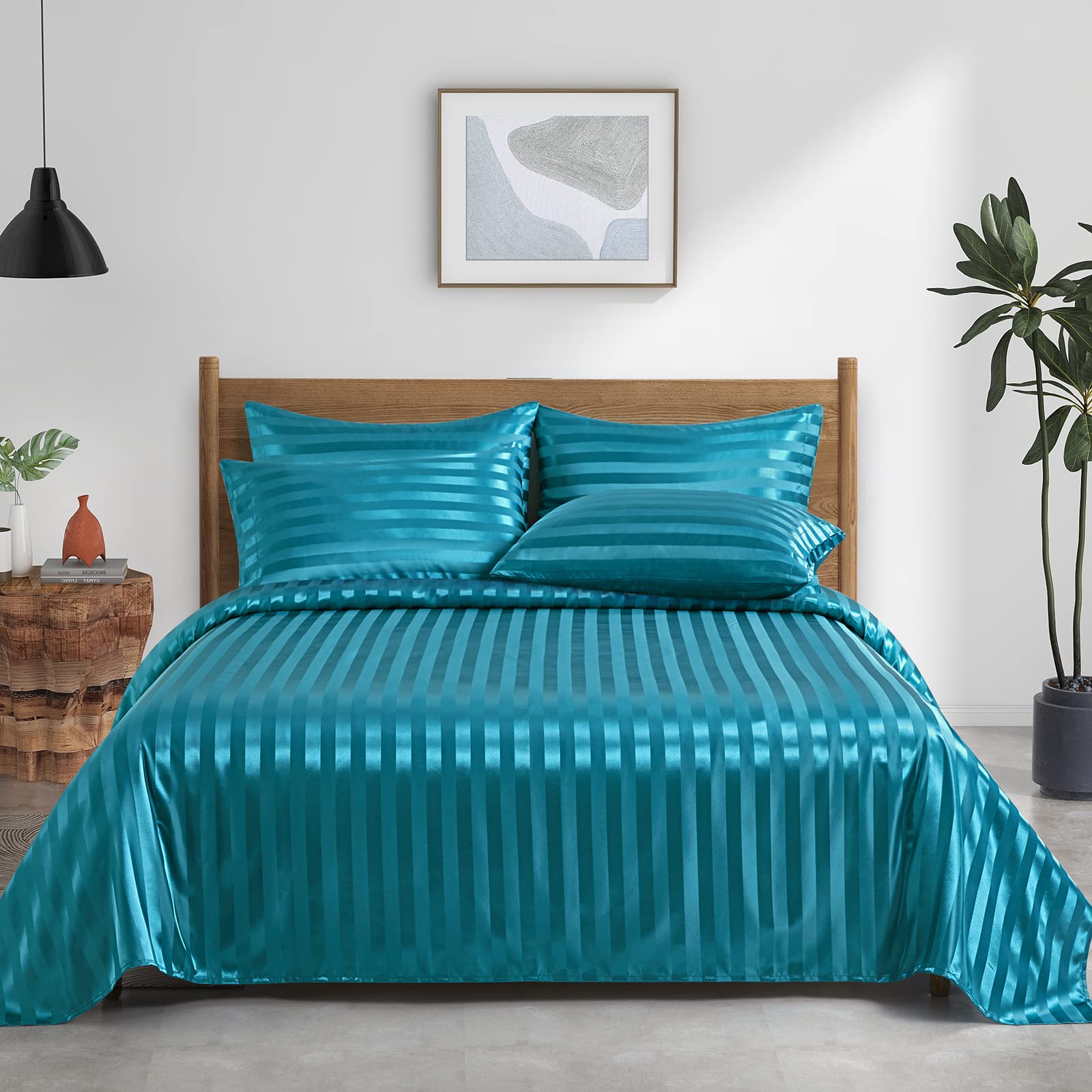 P Pothuiny 6 Pieces Satin Sheets Striped Printed, Teal Satin Bed Sheets Luxury Silky Queen Size Bedding Set, 1 Satin Fitted Shee